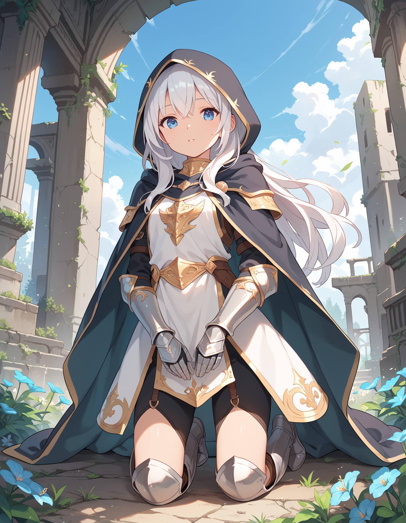 score_9,score_8_up,score_7_up,1girl,armor,blue eyes,cape,cloak,dress,flower,hood,kneeling,knight,long hair,looking down,sidelocks,solo,white hair,score_9,best quality,ruins,nature,sky,looking at viewer,diadem,