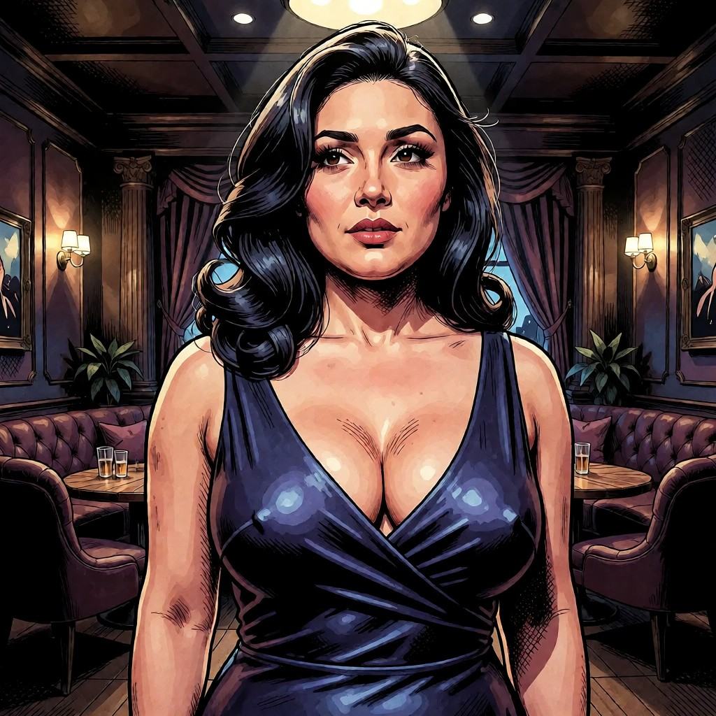 M0dernPulpC0micInk,  Paloma-B,  latina woman with dark wavy hair on Tensor.Art