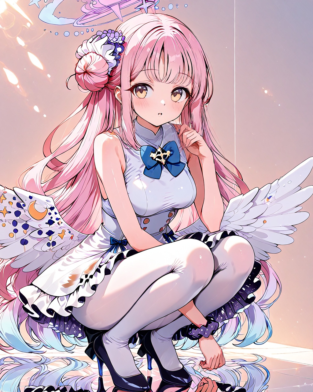 mika (blue archive),O,mika \(blue archive\), 1girl, solo, dress, wings, long hair, high heels, pantyhose, white dress, black footwear, sleeveless dress, sleeveless, white pantyhose, looking at viewer, squatting, low wings, bare shoulders, single side bun, bow, scrunchie, wrist scrunchie, blue bow, frilled dress, very long hair, breasts, parted lips, blush, hair ornament, frills, white background, hair bun, simple background, white wings, bangs, flower, multicolored hair, hair flower, gradient hair, feathered wings, bare arms, medium breasts, bowtie, blue hair, full body, crescent, reflection, angel wings, shoes, blue bowtie, pumps, reflective floor,(UHD),anatomically correct,accurate,textured skin,super detail,high details,award winning,best quality,high quality,retinal,HD,16k,1080P,