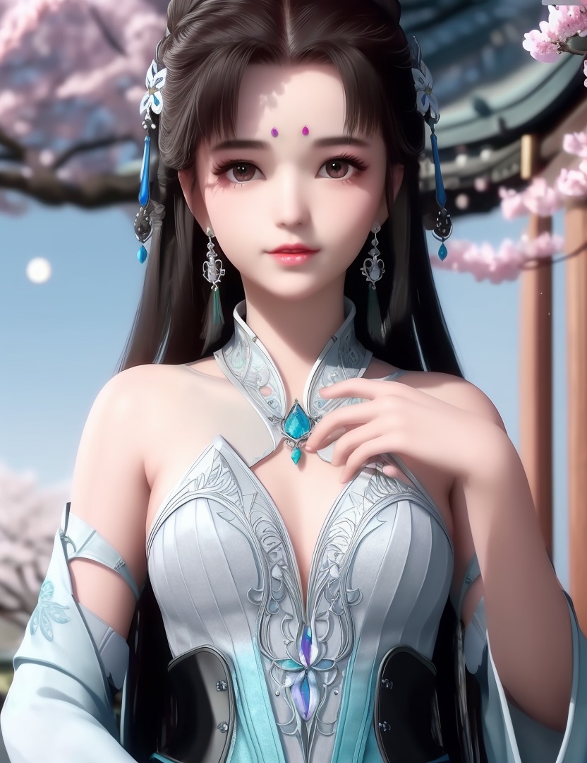 ultra realistic 8k cg, picture-perfect face, flawless, clean, masterpiece, professional artwork, famous artwork, cinematic lighting, cinematic bloom, perfect face, beautiful face, fantasy, dreamlike, unreal, science fiction,  beautiful clothes, lace, lace trim, lace-trimmed legwear,  (rich:1.4), prestige, luxury, jewelry, diamond, gold, pearl, gem, sapphire, ruby, emerald, intricate detail, delicate pattern, charming, alluring, seductive, erotic, enchanting, hair ornament, necklace, earrings, bracelet, armlet,halo((,1girl, ,))(((,teenage,full moon,lantern, cherry blossoms, 1girl, tree, spring_\(season\), solo, black_hair,chinese clothes,looking at viewer, upper body, ))) <lora:DA_LanLingEr:0.6>