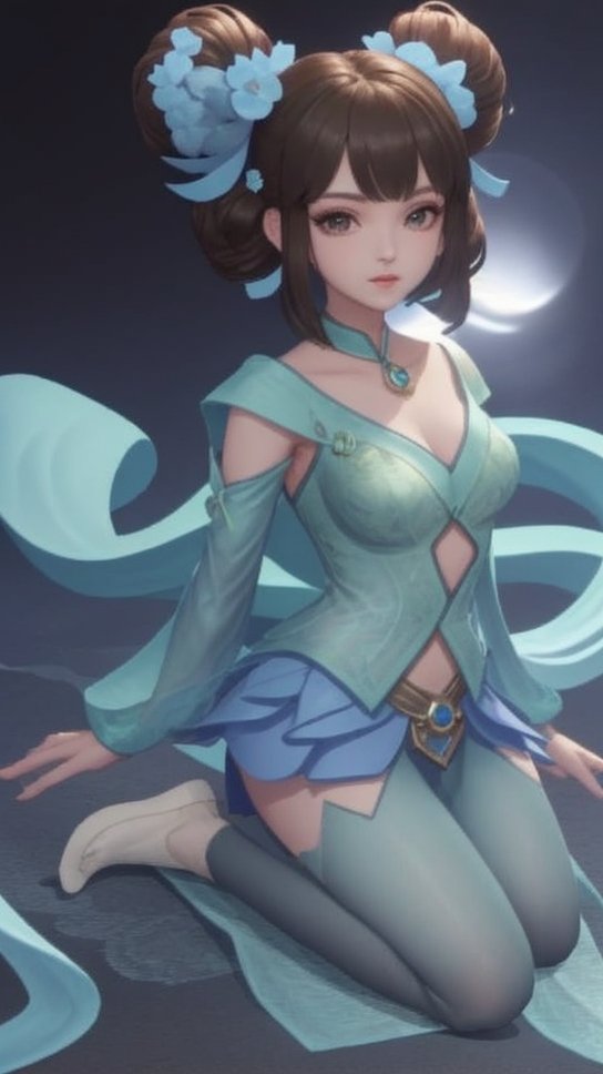 (1girl),smooth chin,masterpiece,detailed face,((hair ornament)),top quality,4k,make up,best quality,medium breasts,(looking at viewer),long legs,double bun,jewelry hair,dress,detached sleeves,ribbon,shawl,light blue skirt,puffy pants,hair rings,hair flower,(wariza),(arms behind back),bangs,jewelry on bangs,<lora:王者小乔青蛇SD_v1.0:0.6>,