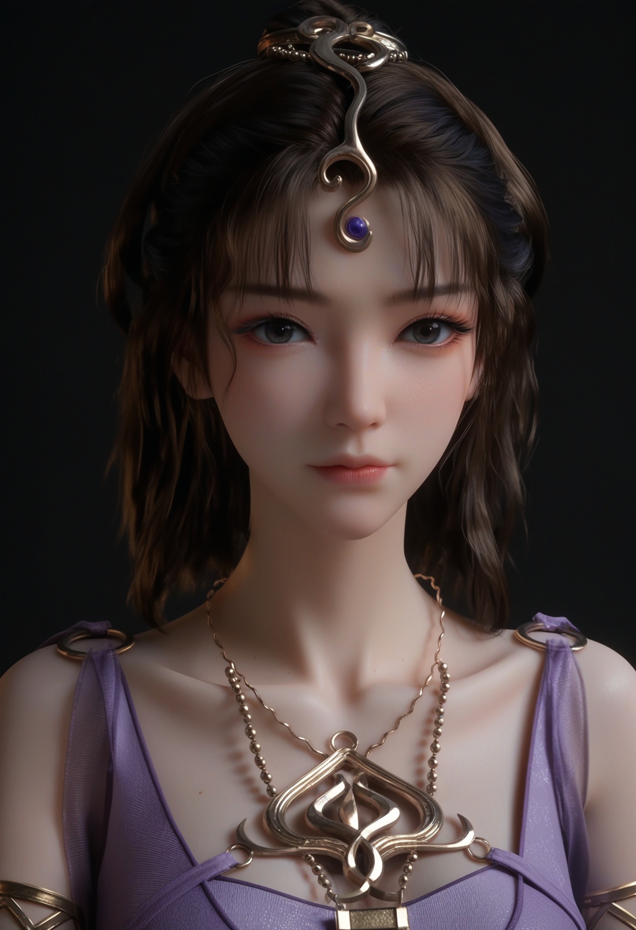 (upper_body:1.2),score_9,score_8_up,masterpiece,(best quality),intricate details,facing viewer,(looking at viewer:1.1),<lora:YQ_pony_wensiyue_V4:0.8>,q1528437228,1girl,solo,jewelry,blue dress,dress,purple dress,necklace,brown hair,long hair,black hair,hair ornament,bracelet,armlet,brown eyes,sandals,ponytail,sash,black eyes,blue eyes,BREAKscore_9,score_8_up,masterpiece,(best quality),perfect anatomy,(hourglass),perfect face,(simple background,pure black background,black background:1.1),fair_skin,shiny_skin,Ivory_skin,