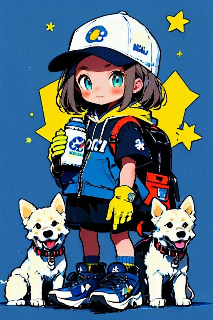 graffiti, 1girl, animal, animal collar, backpack, bag, baseball cap, beanie, bear, bell, blue background, blue eyes, blue headwear, blue jacket, blue sky, blush, bottle, calico, cat, closed mouth, clothed animal, cloud, collar, cow, cowbell, day, dog, drinking straw, gloves, hat, holding, holding leash, holding strap, hood, hood down, hoodie, jacket, keychain, leash, long sleeves, milk, milk bottle, neck bell, polar bear, pouch, red collar, shiba inu, shoes, sky, smile, star \(symbol\), star print, white cat, white headwear<lora:graffiti-bg-style-v1.0:1>