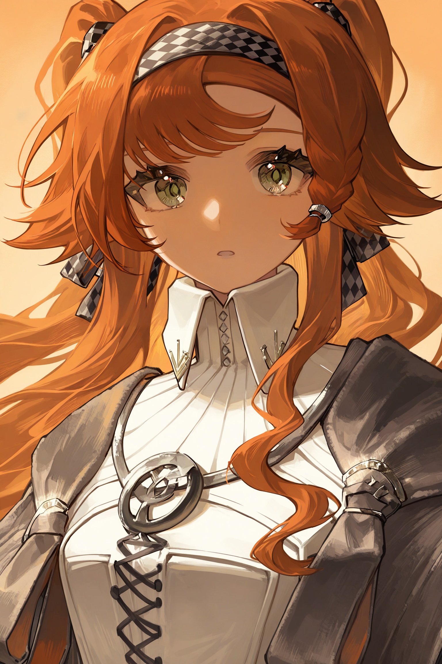 sonetto \(reverse:1999\),1girl,checkered hairband,collared dress,dress,green eyes,grey cloak,grey sleeves,hairband,high collar,long hair,looking at viewer,orange background,orange hair,parted lips,sidelighting,solo,two side up,upper body,white dress,<lora:光辉重返未来0.3版本XL-000004:1>,cfwl/zyhf,