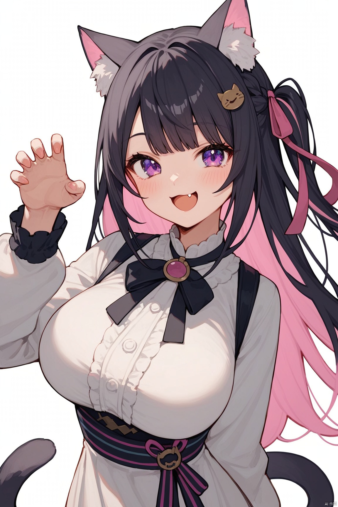 score_9,score_8_up,score_7_up,score_6_up,1girl, solo, long hair, breasts, looking at viewer, blush, smile, open mouth, bangs, large breasts, simple background, black hair, hair ornament, long sleeves, white background, dress, animal ears, purple eyes, tail, hair ribbon, upper body, pink hair, braid, :d, multicolored hair, fang, virtual youtuber, cat ears, white dress, two-tone hair, cat tail, animal ear fluff, one side up, cat girl, skin fang, paw pose, colored inner hair