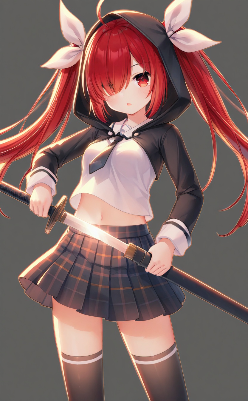<lora:loli-qinli:0.8>,<lora:guizhencao-style:0.4>,guizhencao style,loli qinli,absurdres,best quality,chromatic_aberration,high quality,masterpiece,grey background,simple background,1girl,solo,ahoge,long hair,red eyes,red hair,twintails,hair ribbon,hair over one eye,looking at viewer,open mouth,breasts,midriff,navel,long sleeves,necktie,ribbon,school uniform,shirt,holding,holding sword,holding weapon,hood up,parted lips,unsheathing,black thighhighs,plaid,plaid skirt,pleated skirt,skirt,thighhighs,