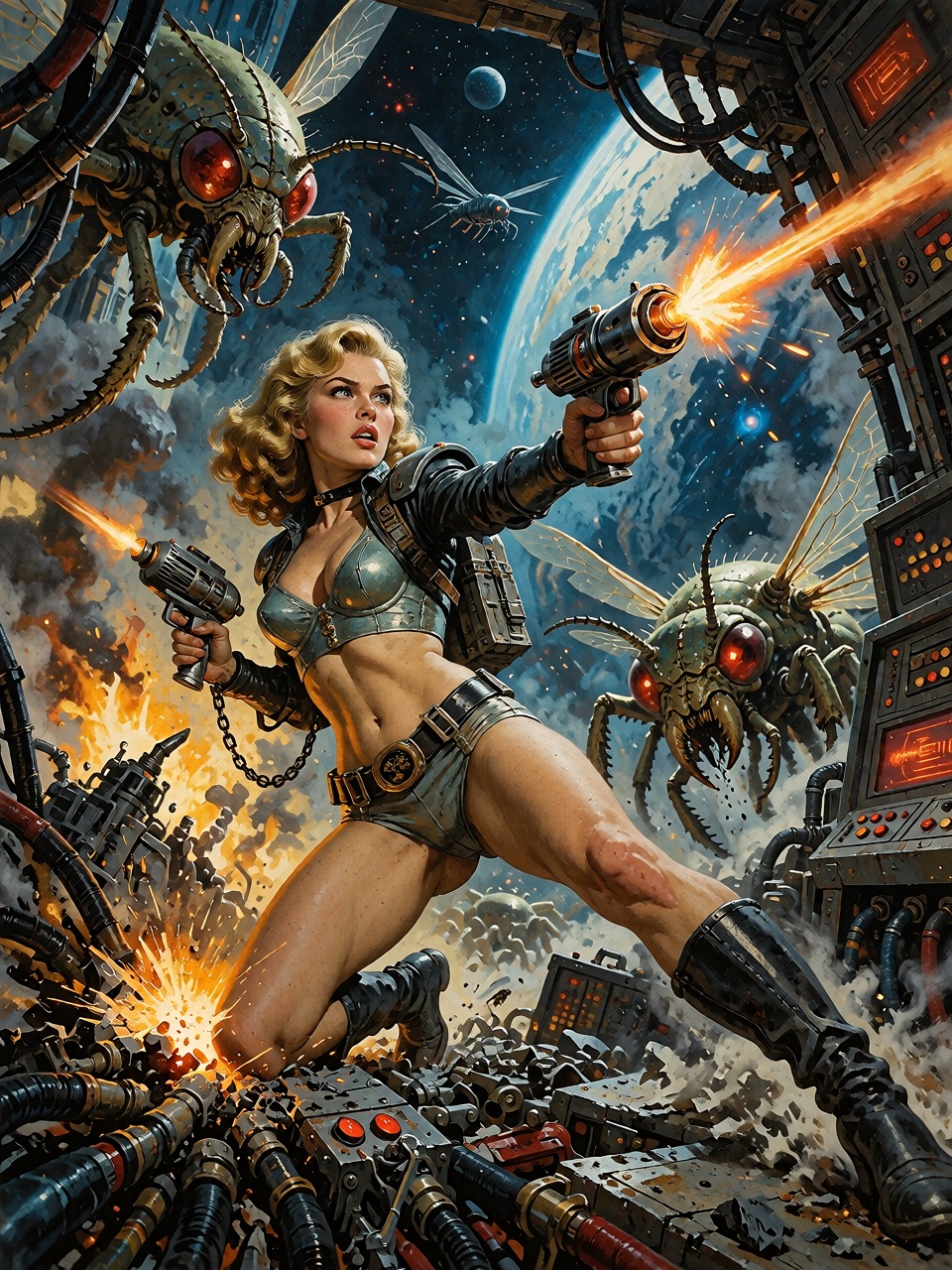 A retro-futuristic heroine firing a ray gun at enormous insectoid aliens inside a damaged orbital station,  sparks and smo...