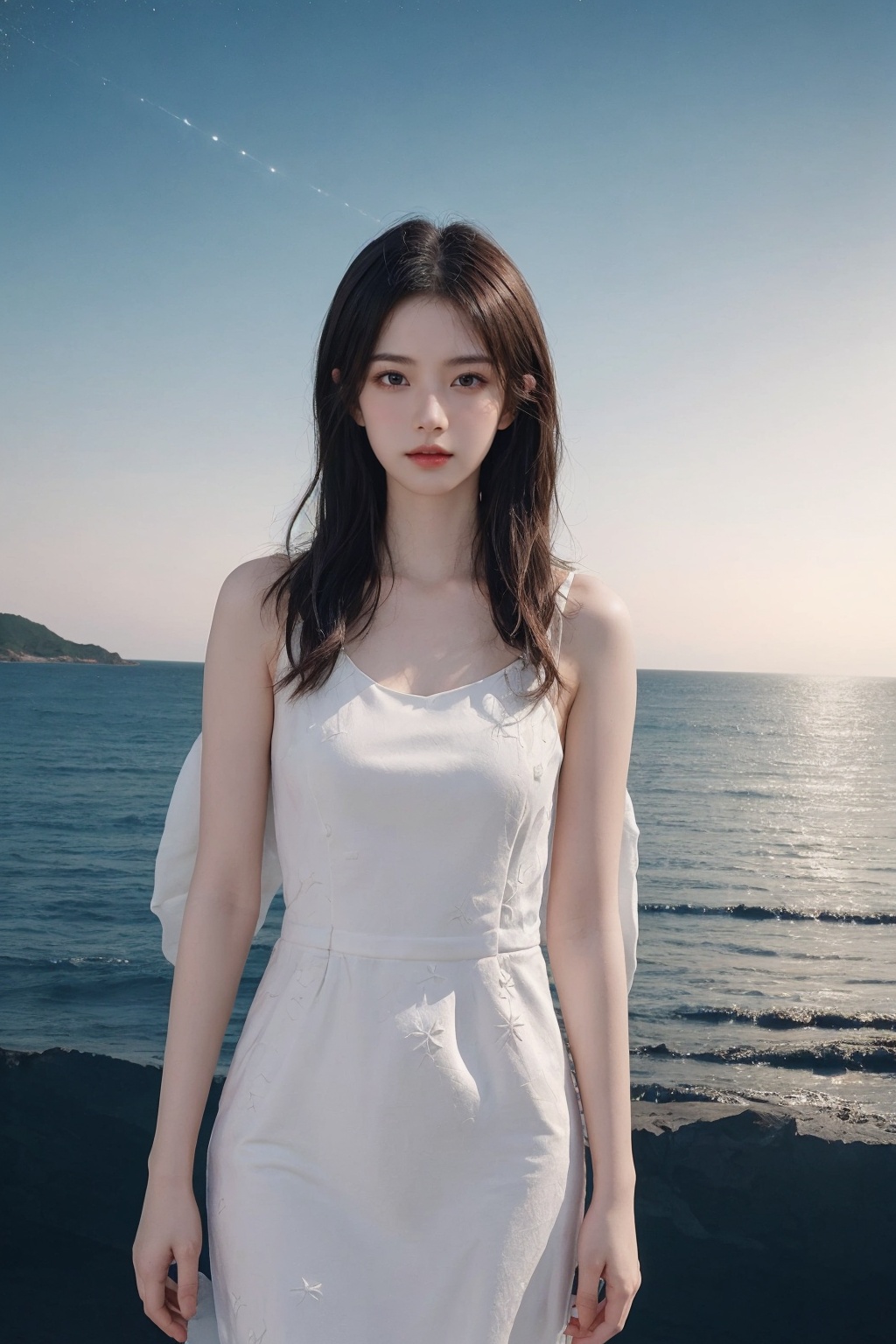 best quality,HDR,UHD,8K,Vivid Colors,solo,medium-shot,(1girl:1.5),(standing:1.3),from front,soft light,(looking at viewer:1.6),Elegant,detailed gorgeous face,<lora:add_detail:0.5>,(sea background:1.1),cowboy shot,, rc,starry sky print, <lora:制服美女:0.8>