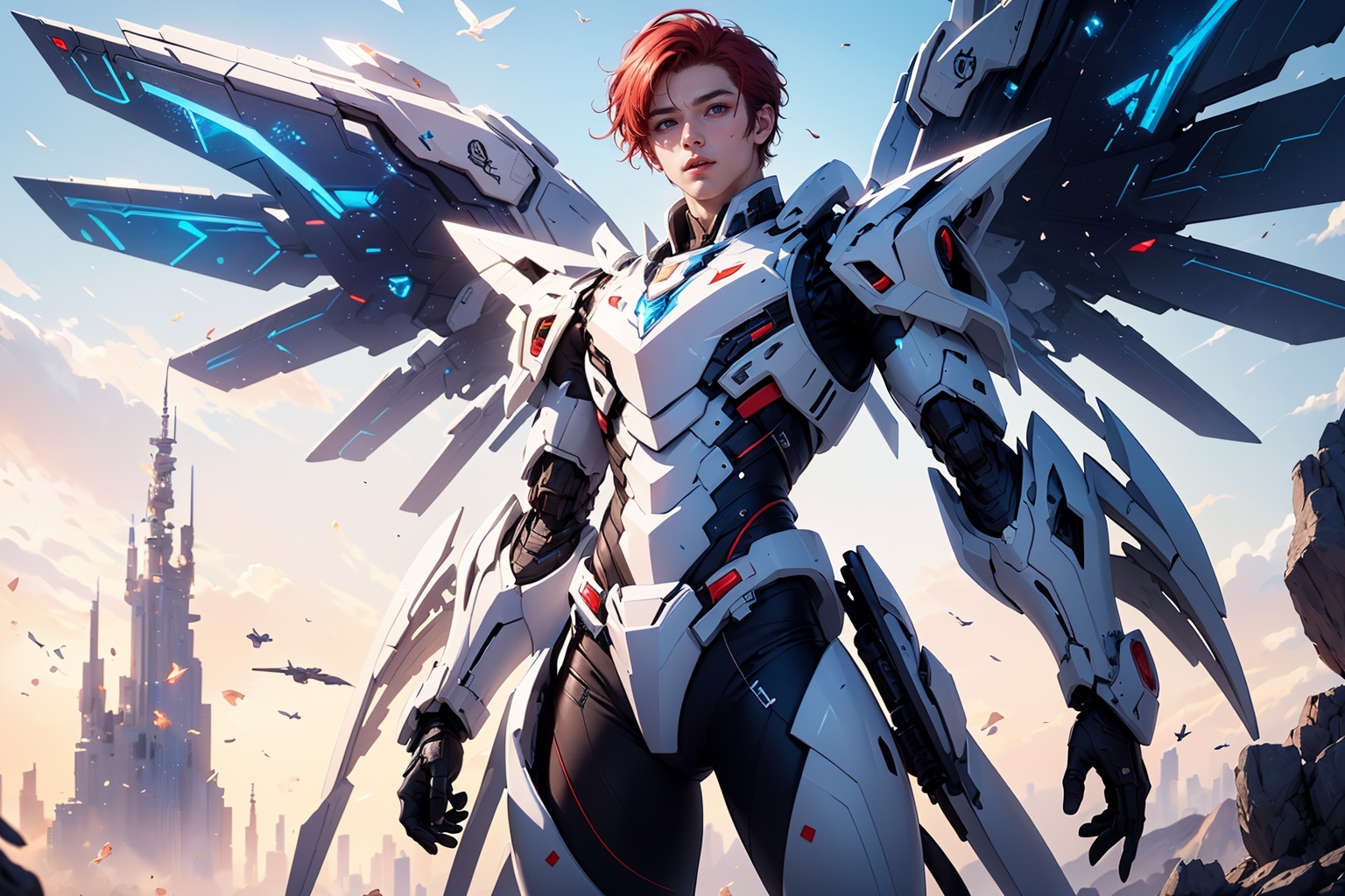 1boy,concept artwork,red hair,(a lonely solo boy:1.4),sky,wing,wings with fans,graphics card fan,strong male mecha warrior,mighty and domineering,cool mecha,32k,blue and white color scheme,white armor,white_background,standing,cowboy_shot,<lora:atai_v1s:0.8>,