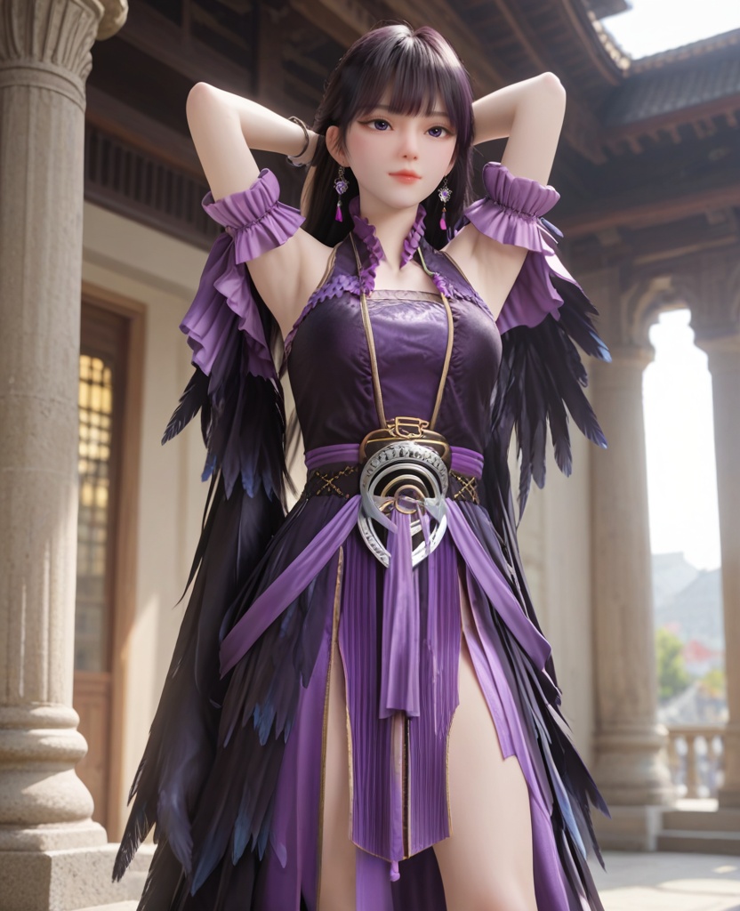 (oriental architecture, elegant decor, sophisticated style:1.1),(arms behind her head:1.1),(breasts:1.2),<lora:XL修罗武神大蛋蛋:0.95>,miss dandan,black dress,belt,purple frills,bare shoulders,black hair,bangs,long hair,earrings,detached sleeves,feather trim,pelvic curtain,feathers fart curtain with purple petticoat underneath,bracelet,, score_9,score_8_up,score_7_up,score_6_up,score_5_up,score_4_up,3d rendering,tag1,tag2, Cinematic Lighting,backlighting,