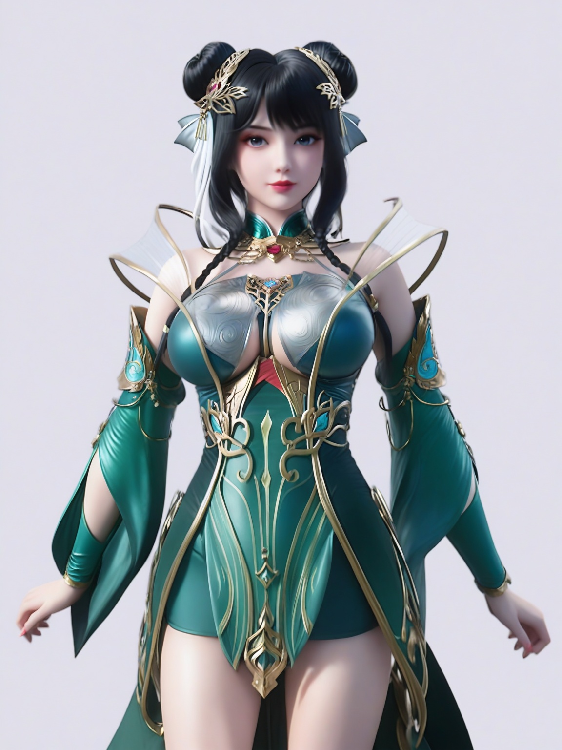 score_9,<lora:SF_HangFuLing2_Pony_Realism2.3-000004:0.7>,1girl,breasts,large breasts,standing,hair ornament,solo,lipstick,black hair,dress,jewelry,detached sleeves,green dress,double bun,skirt,cowboy shot,bare legs,looking at viewer,white background,simple background,
