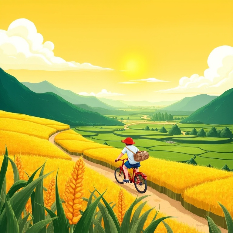 misc,A digital illustration of a boy riding a bicycle through a golden wheat field at sunset. The boy is wearing a red hat, a white shirt, and blue shorts, and has a basket on his back. The background features a lush green valley with rolling hills and distant mountains, under a bright yellow sky with fluffy white clouds. The scene is vibrant and colorful, with a sense of adventure and peacefulness.<lora:米洛包装插画-L1.4:1>