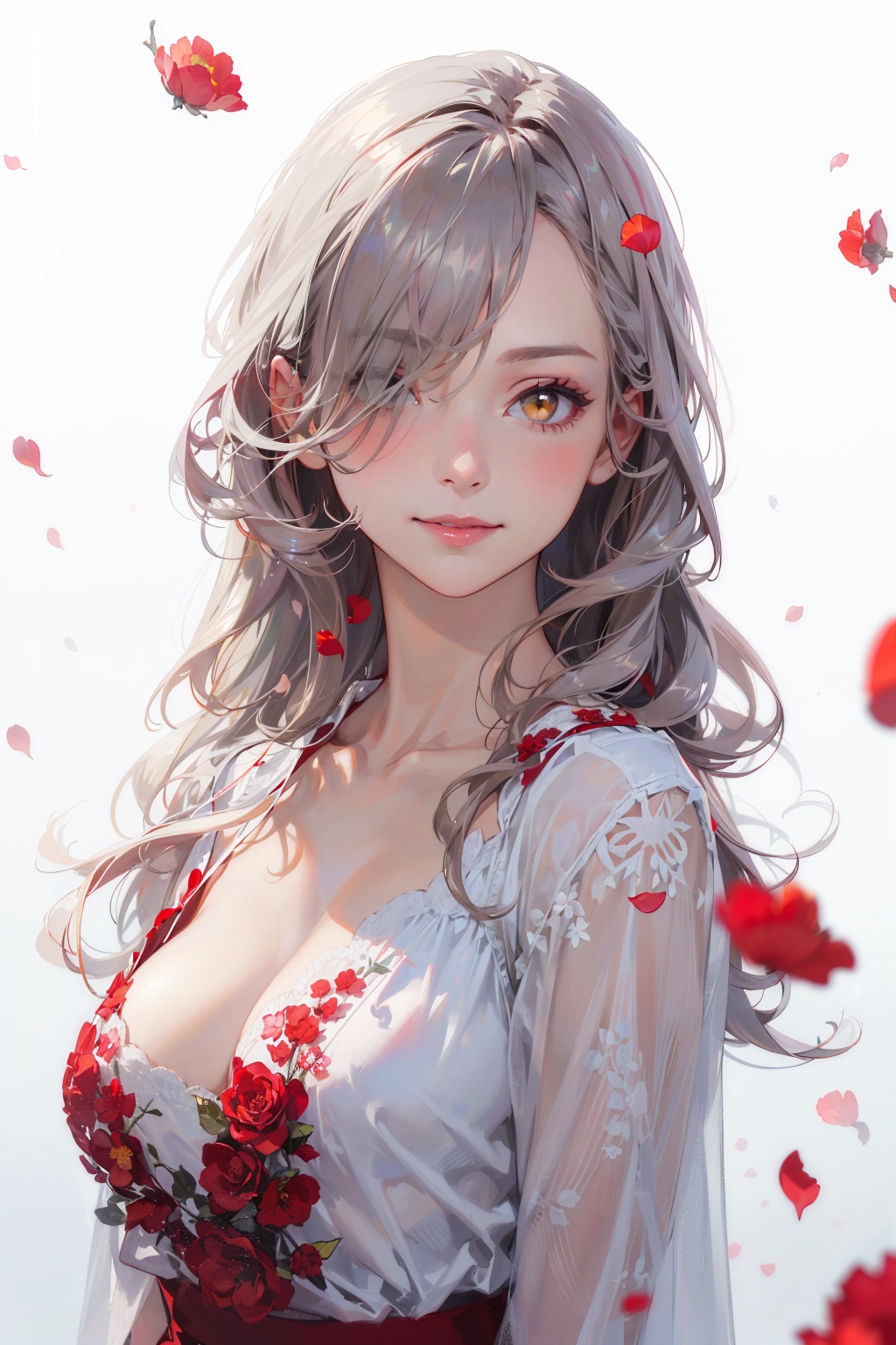 masterpiece,best quality,(realistic:1.2),1girl,solo,looking at viewer,silver hair,yellow eyes,beautiful and detailed face,evil smile,upper body,collarbone,collarbone,large breasts,white long translucent night gown,expressionless,hair cover one eye,long hair,red hair flower,standing,blood,(plenty of red petals:1.35),white background),simple background,