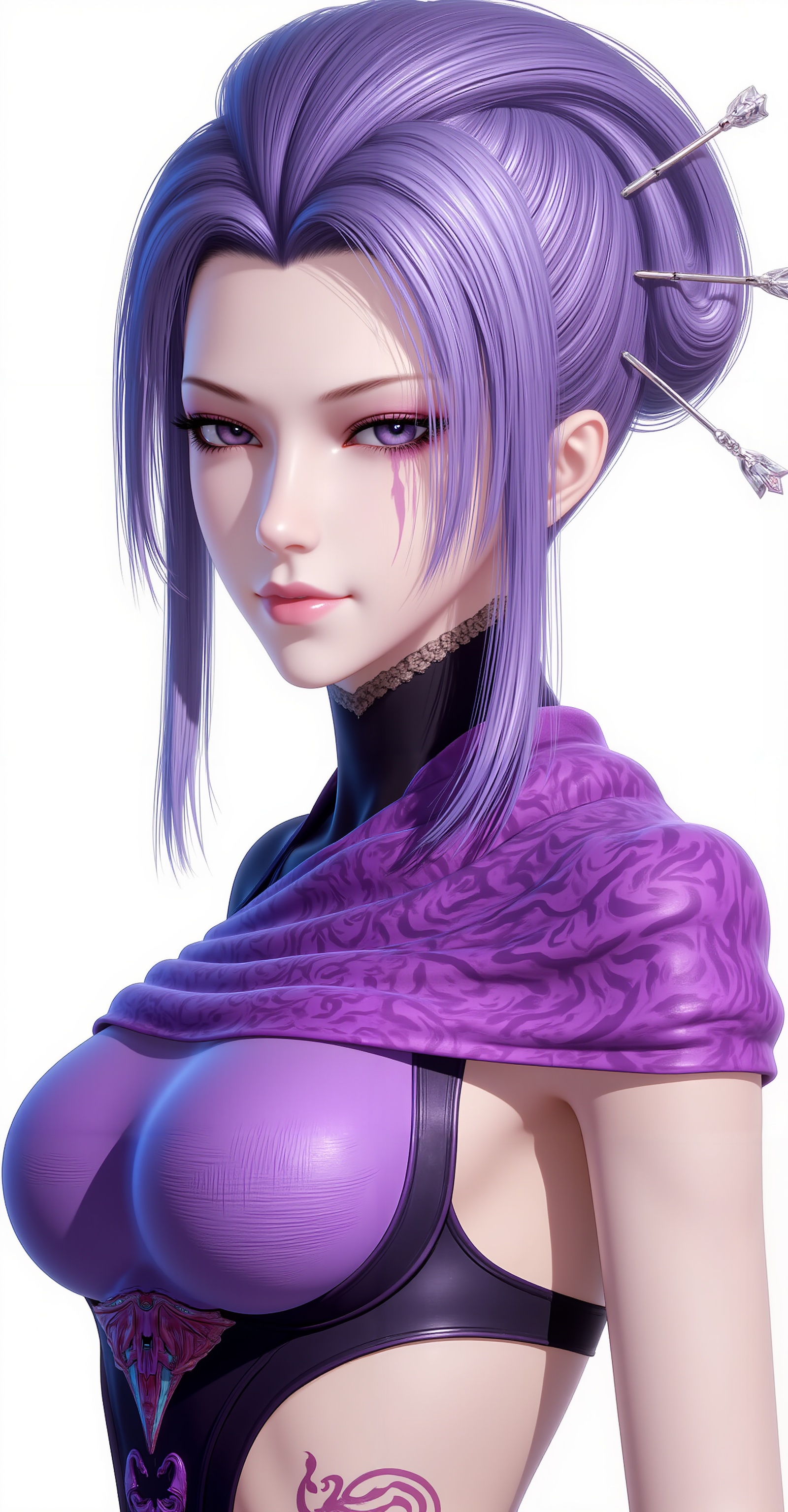 girl,solo,hair ornament,purple eyes,purple hair,tattoo,makeup,hair stick,upper body,purple dress,cover,white_background,simple background,lvjing,lvjing,pifu,yafei,dongxuaner,meidusha,guanghuapifu,xiaoyixian,zinv,<lora:紫女·优化版6:0.9>,zinv,lvjing,lvjing,guanghuapifu,xiaowu,pifu,<lora:光滑皮肤·辅助1:0.5>,pifu,<lora:光滑皮肤·辅助2:0.2>,guanghuapifu,meidusha,<lora:二次元美瞳·9:0.3>,eyes,
