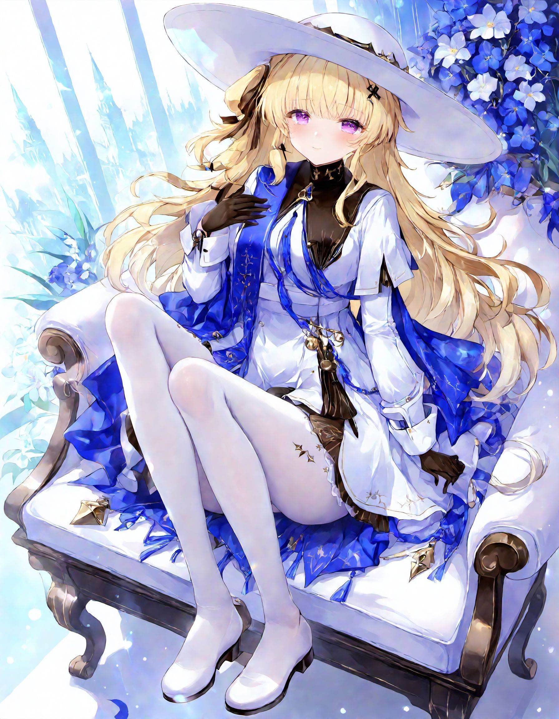 1girl,fb,solo,pantyhose,hat,white pantyhose,gloves,sitting,purple eyes,looking at viewer,dress,hair ornament,white headwear,bangs,blush,black gloves,flower,full body,long sleeves,<lora:ClearHand-V2:1>,<lora:通透世界transparent:0.5>,<lora:feibi:1>,