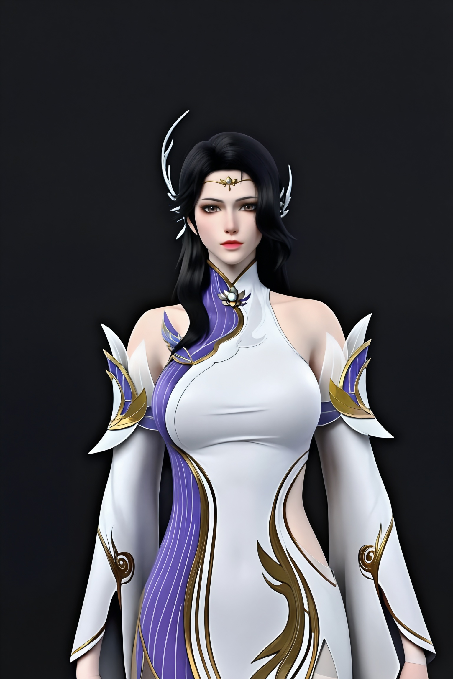 black background,standing,looking at viewer,1girl,xy\(dpcq\),long hair,black hair,hair ornament,chinese clothes,white dress,detached sleeves,bare shoulders,china dress,clothing cutout,shoulder cutout,side cutout, wide sleeves,breasts,circlet,jewelry,
