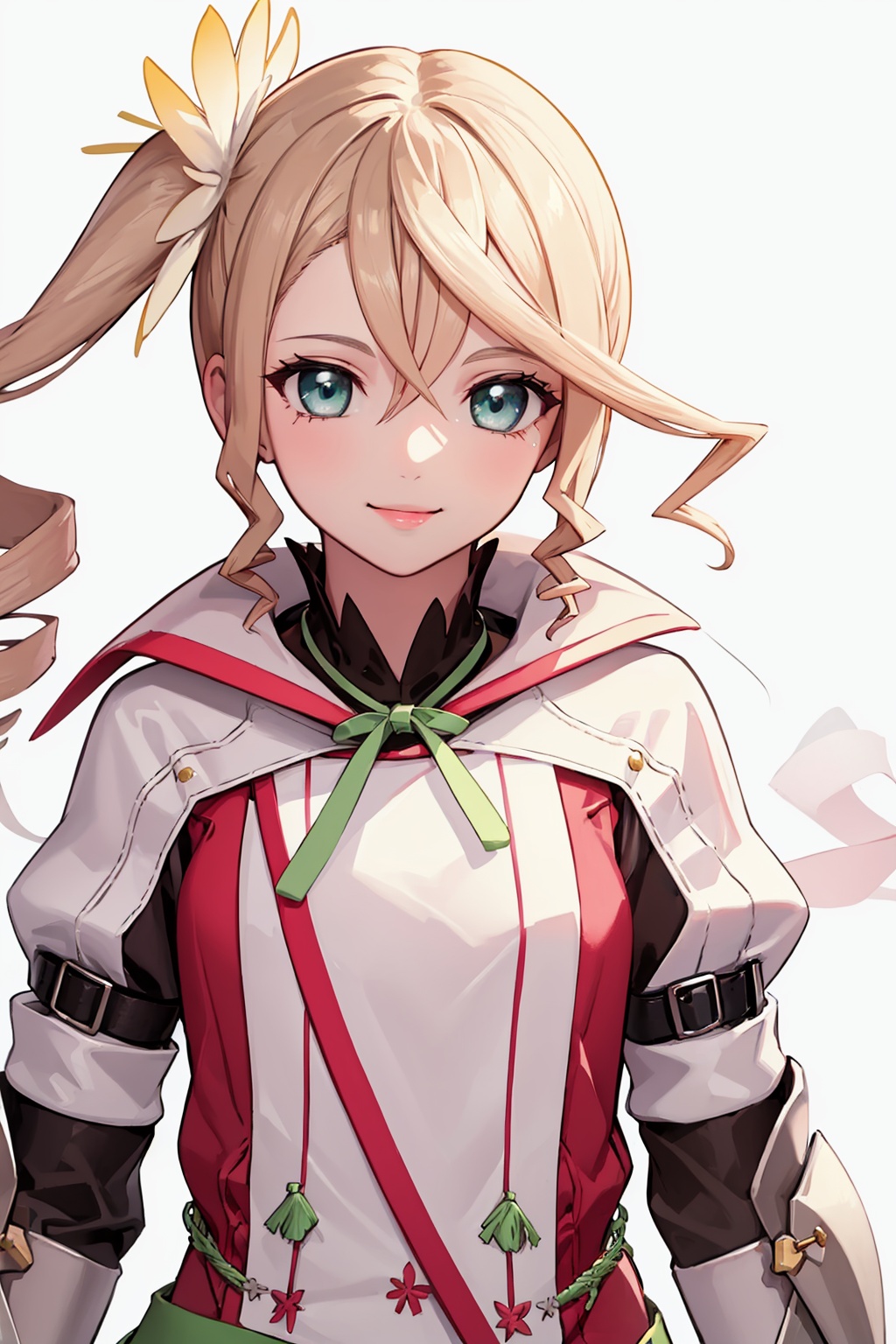 masterpiece,best quality, highly detailed, alisha diphda,1girl, solo, smile, side ponytail, white background, armor, polearm, looking at viewer, upper body, ribbon,<lora:alisha_diphda:1>