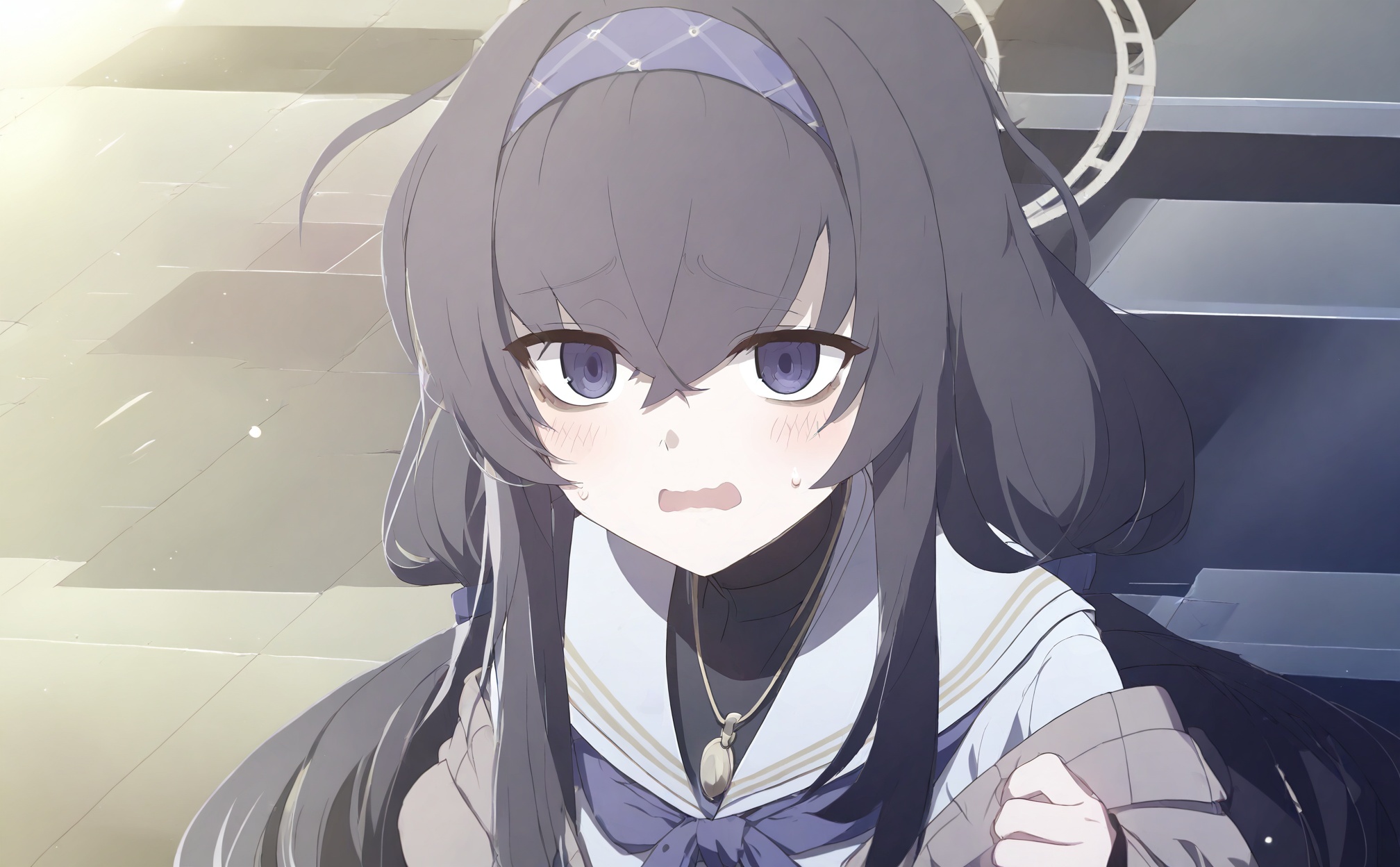 //,1girl,ui_\(blue_archive\),bags_under_eyes,halo,solo,black_hair,neckerchief,hairband,long_hair,purple_neckerchief,looking_at_viewer,purple_eyes,wavy_mouth,school_uniform,blush,jewelry,purple_hairband,sailor_collar,open_mouth,cardigan,white_sailor_collar,sweatdrop,hair_between_eyes,serafuku,necklace,blue_neckerchief,upper_body,low_twintails,twintails,crossed_bangs,indoors,pendant,black_undershirt,blue_hairband,gold_necklace,//,//,//,<lora:BA——【noob】hans-000018:1>,<lora:BA3——【Illustrious】hans:1>,