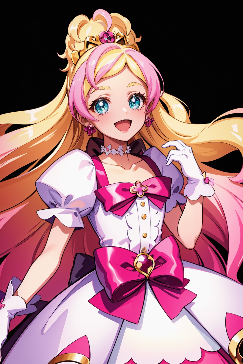 masterpiece,best quality, highly detailed, cure flora,1girl,solo,magical girl,white gloves,waist bow,flower earrings,pink skirt,pink bow,choker,puffy sleeves,looking at viewer,open mouth,:d<lora:cure_flora:1>,simple background,white background
