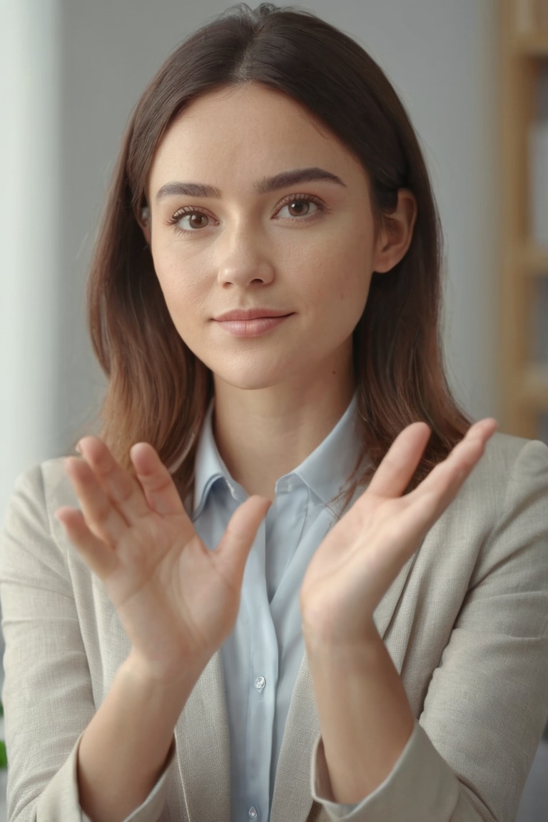 1girl,(open hand:1.2),neutral background with soft lighting,subtle office setting,daytime,(looking directly at the camera:1.2),close-up shot,approachable and confident,nice hands,perfect hands,8k,Best quality,realistic style.,<lora:HandFineTuning_XL:0.6>,