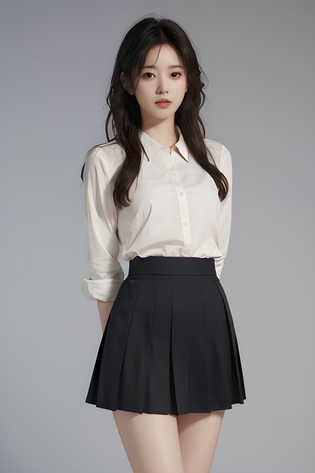 <lora:0806_07:0.7>,simple background,pleated_skirt,, 1girl,realistic,masterpiece, best quality, photorealistic, HDR,detail