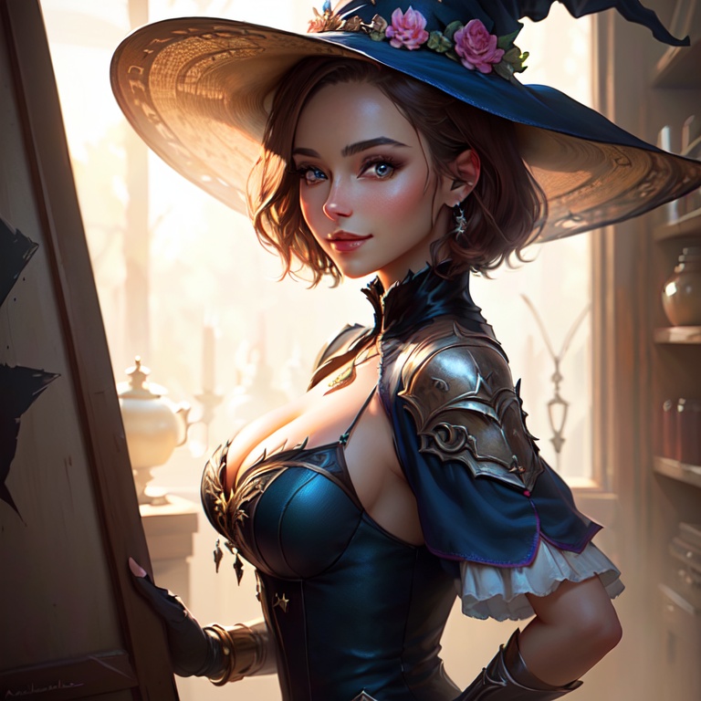 award winning character concept art of, a cute mechanical witch, light brown hair, blue eyes, pink and white dress, blurry_background, breasts, smile, cleavage, witch hat, natural lighting, large_breasts, lips, short hair, looking_at_viewer, solo, from side, highly detailed 8k character concept portrait studio lighting by Annie Leibovitz and Steve McCurry octane render trending on artstation made in Maya 4K high quality digital painting dramatic lighting