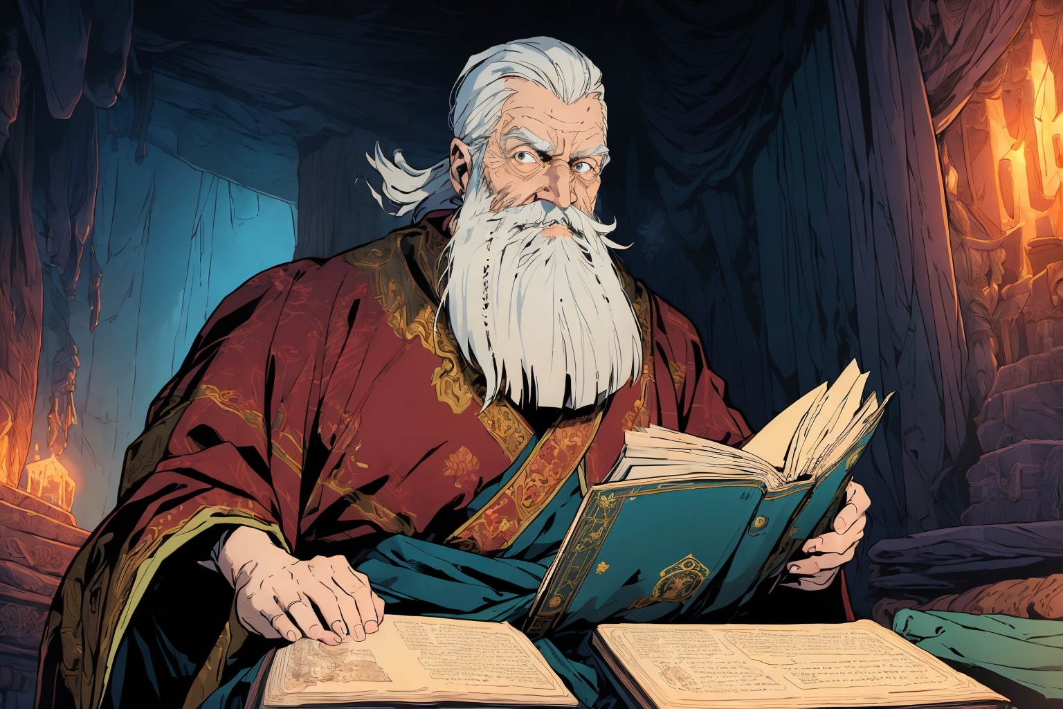 (masterpiece:1.2),best quality,highres,extremely detailed CG,8k wallpaper,comic,game CG,beard,facial hair,book,old,old man,male focus,1boy,open book,reading,holding,holding book,grey hair,mustache,robe,cave,solo,<lora:FF_20240416081553-000007:1>,