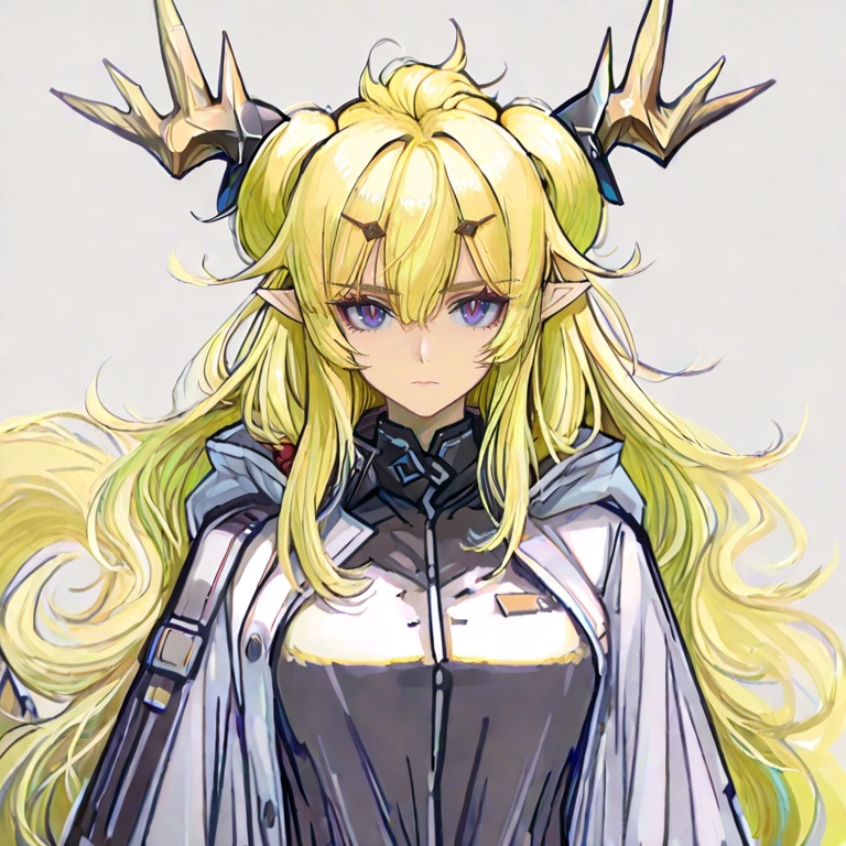 masterpiece, best quality,solo,(grey background:1.2),simple background,1girl,looking at viewer,  leizi\(arknights\),pointy_ears,hair_between_eyes,blonde_hair,messy_hair,breasts,bangs,purple eyes,very long hair,dragon horns,antlers,dragon tail<lora:leizi-惊蛰-ill:0.8>