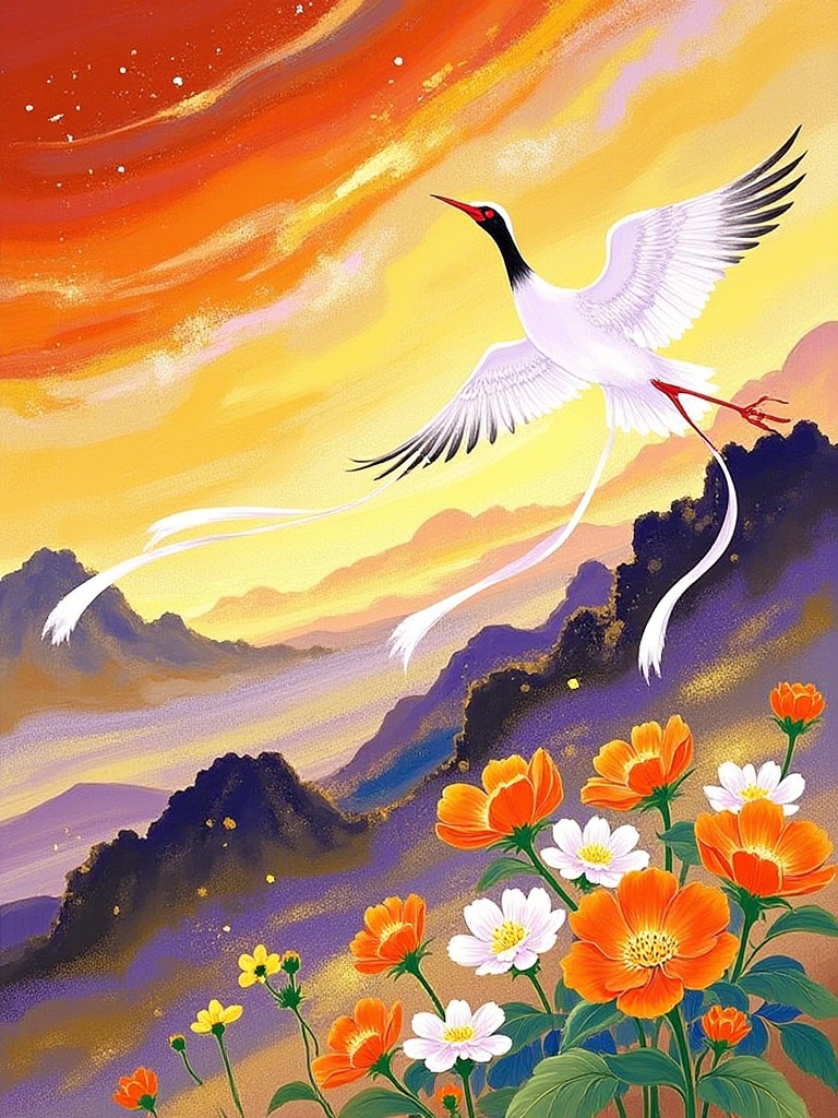 jbch, A vibrant digital painting depicts a white crane with a red beak and long, flowing tail feathers soaring above a mountainous landscape at sunset. The sky is painted in hues of yellow, orange, and purple with scattered stars. Below, a cluster of blooming orange and white flowers adds contrast. The style is reminiscent of traditional East Asian art.<lora:S-T-岩彩国风_S1.5:1>