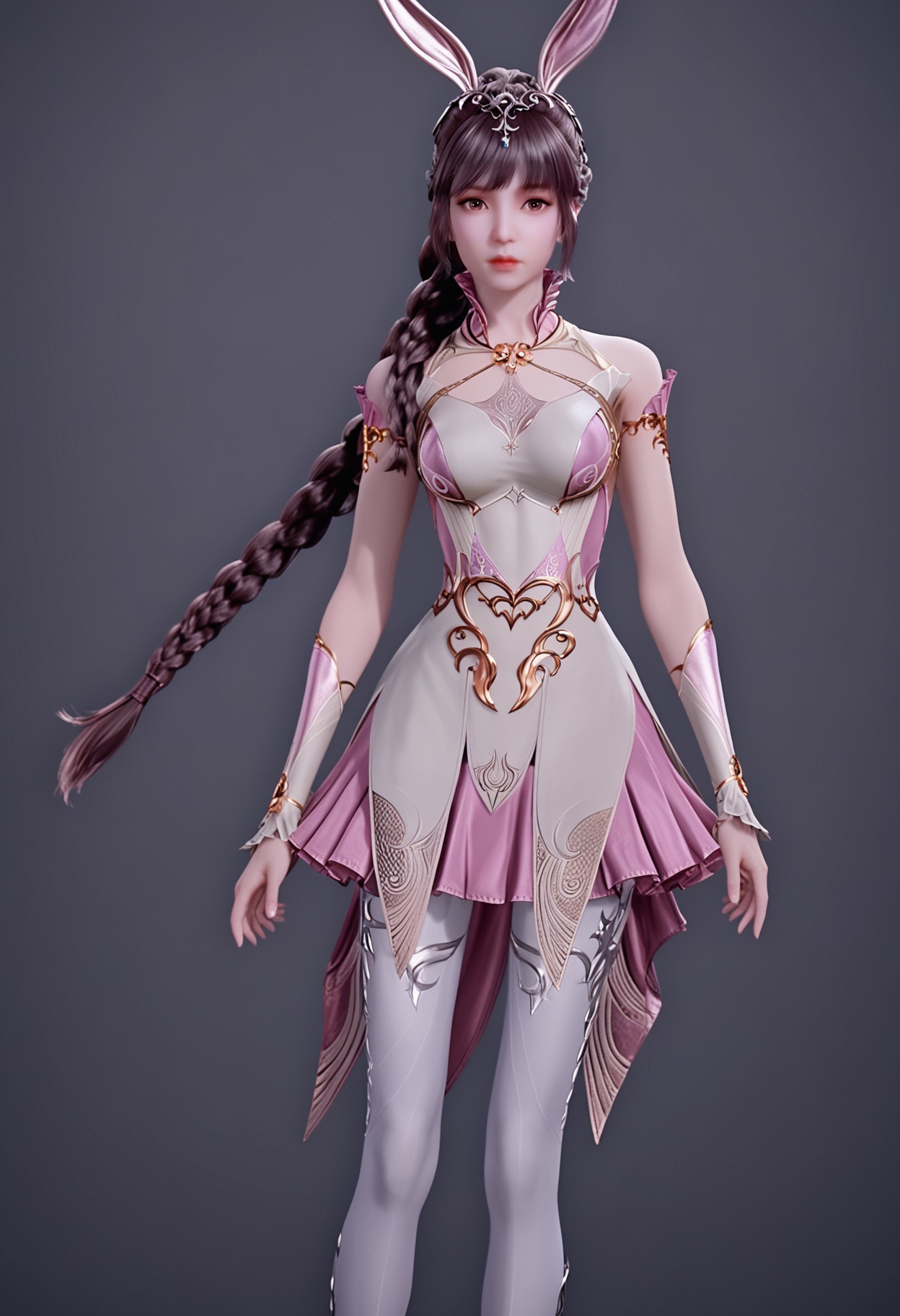 (looking_at_viewer:1.2),upper_body,<lora:YQ_pony_xiaowu_fuzhuang2_V5:0.8>,q1528437228,1girl,solo,hair ornament,long hair,dress,black hair,rabbit ears,animal ears,ponytail,brown hair,collar,metal collar,braid,pantyhose,(high heels:0.8),brown eyes,blunt bangs,braided ponytail,jewelry,simple background,pure black background,black background,