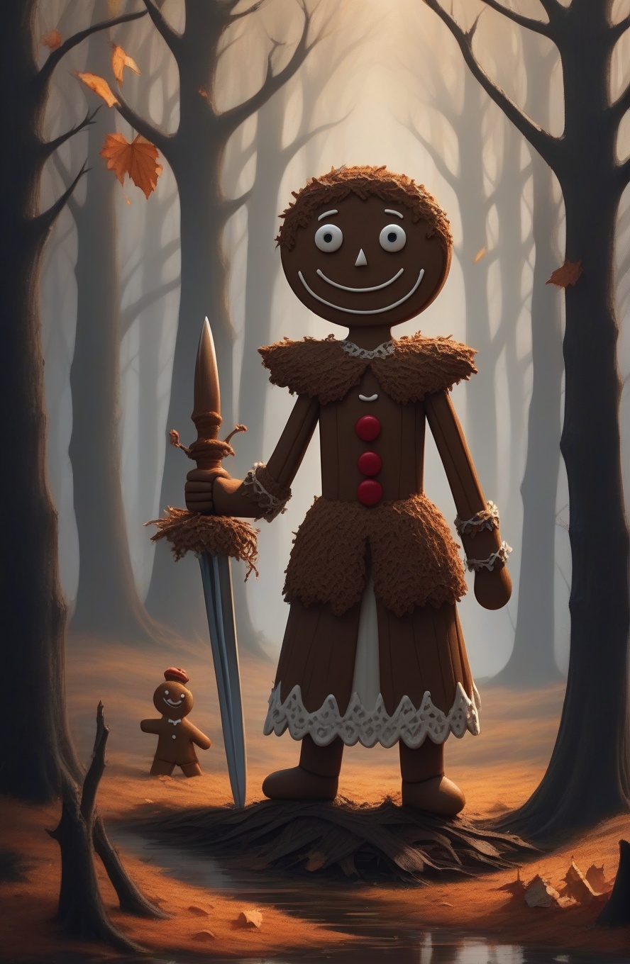 Dark fairy tales,A whimsical,gingerbread-**** figure stands amidst a forest of bare trees and fallen leaves.,sword