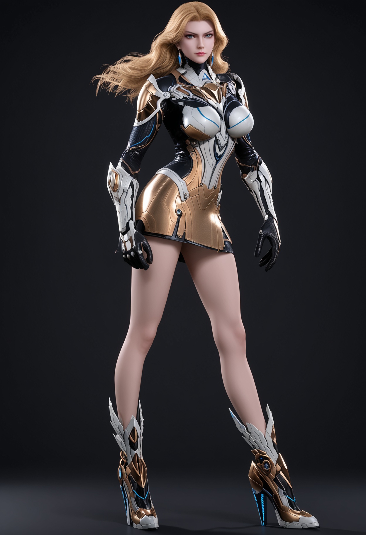 score_9,looking_at_viewer,full body,large breasts,weinina,1girl,solo,blonde hair,long hair,earrings,jewelry,armor,bodysuit,blue eyes,realistic,skirt,high heels,standing,(simple background,pure black background,black background:1.1),perfect_anatomy,<lora:QQSponyweininaV1:0.8>,