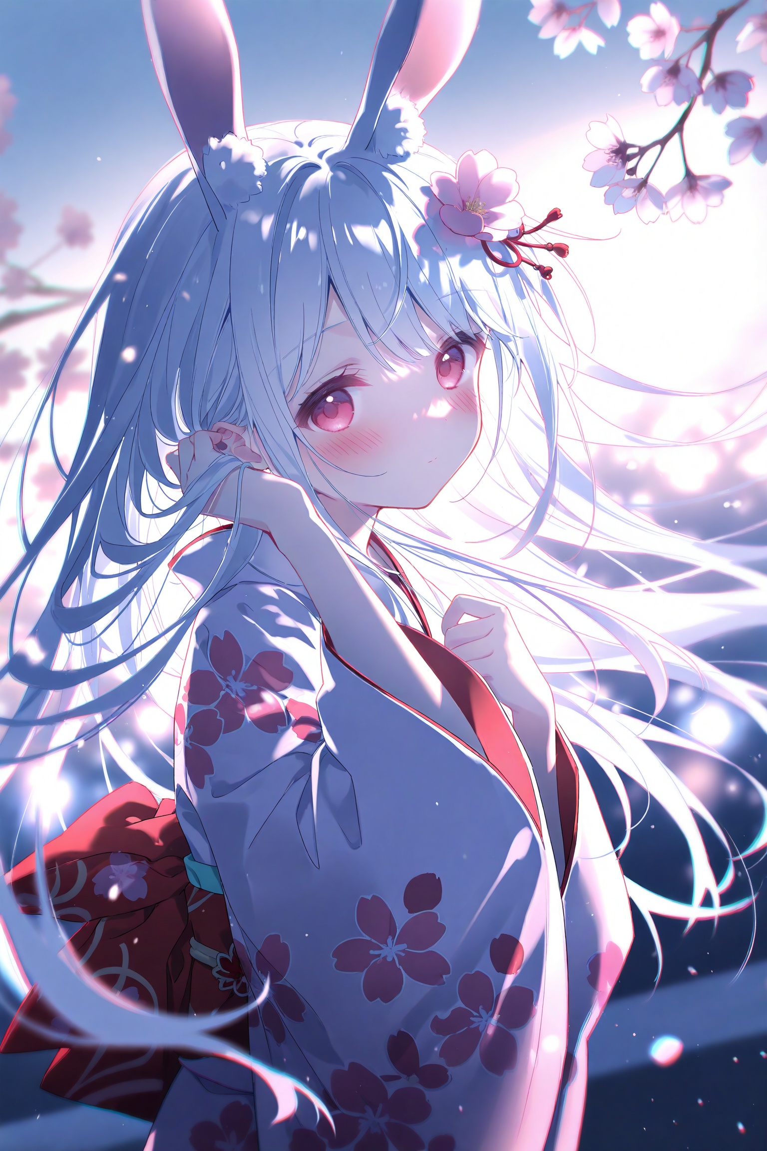masterpiece,best quality,high quality,loli,chromatic_aberration,Blue Theme, //1girl solo long hair looking at viewer blush bangs hair ornament red eyes long sleeves bow animal ears closed mouth upper body flower white hair japanese clothes hand up hair flower wide sleeves pink eyes kimono rabbit ears from side sash floating hair bird obi floral print cherry blossoms pink flower white kimono branch print kimono,//, official art,depth of field,detailed light,blurry background,cinematic lighting,ray tracing, ultra detailed,god rays,backlighting,photo background,film grain,chromatic aberration,volumetric lighting,depth of field,blurry background,shiny skin,floating hair,cinematic lighting,day,very aesthetic,<lora:lp22:0.8>