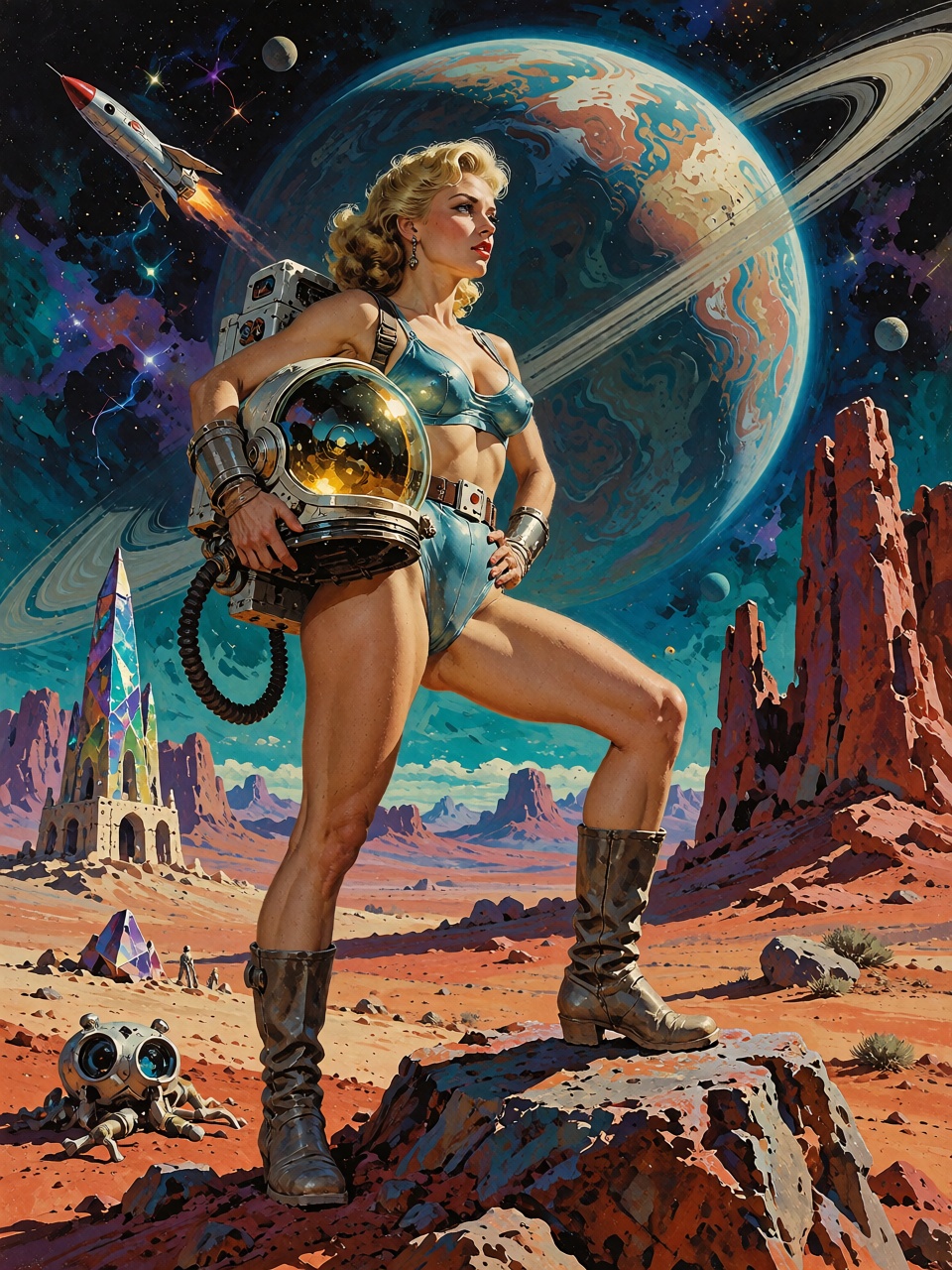 A glamorous space explorer standing on the surface of an alien desert planet,  glass helmet under one arm,  enormous ringe...