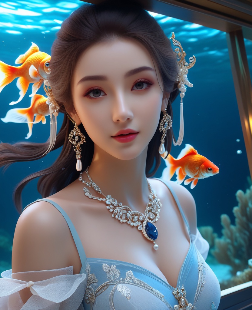 <lora:588-DA-XL-梦塔·雪谜城-白亦君:0.8>(,1girl, ,best quality, ),looking at viewer,masterpiece, ((((, solo,  goldfish, ,solo focus, ,underwater, )))) ,ultra realistic 8k cg,   clean, masterpiece,     cinematic lighting, cinematic bloom,  (( , )),, , unreal, science fiction, luxury, jewelry, diamond, gold, pearl, gem, sapphire, ruby, emerald, intricate detail, delicate pattern, charming, alluring, seductive, erotic, enchanting, hair ornament, necklace, earrings, bracelet, armlet,,(cleavage),