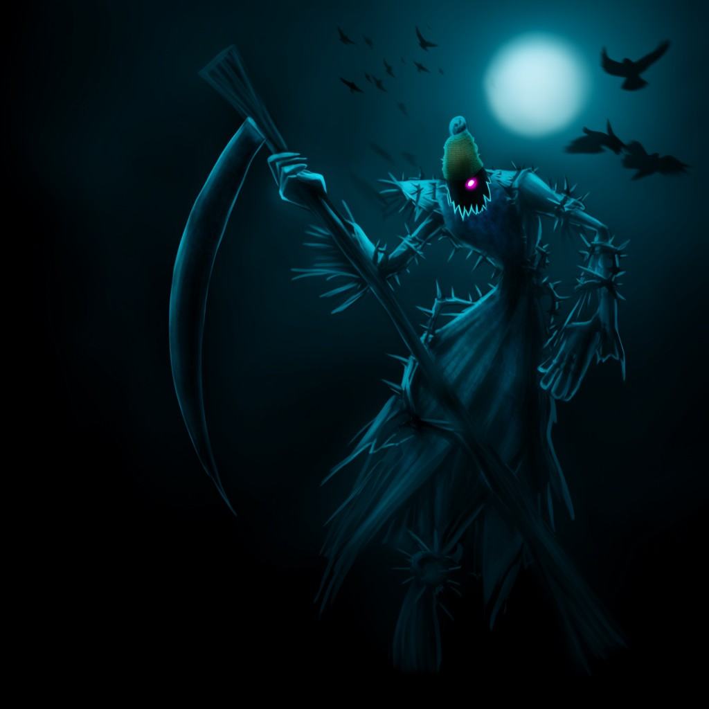 A spectral scarecrow character with a burlap-like sack head,  jagged stitched mouth,  and a single glowing pink eye. It we...