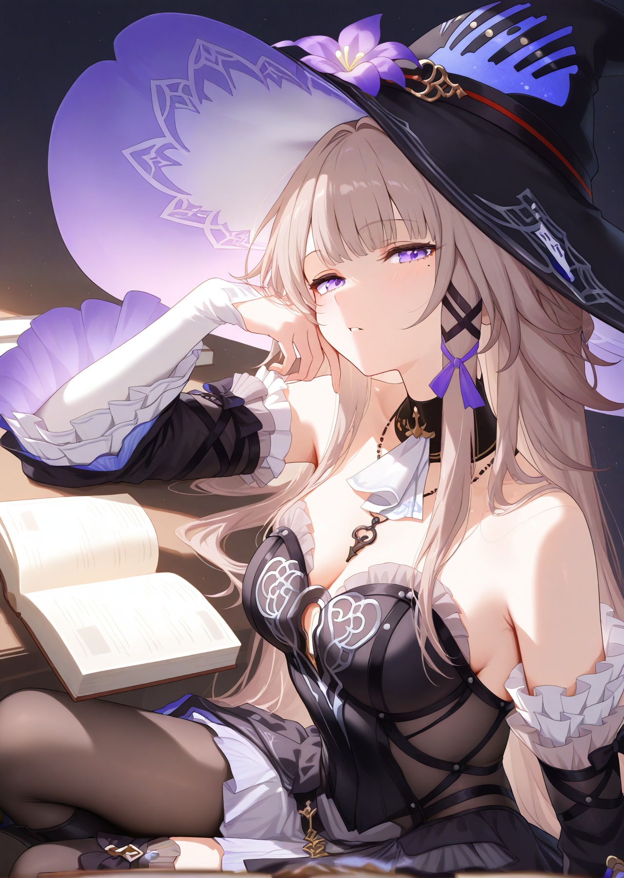 masterpiece,best quality,high quality,<lora:daheita_lora.by_tusi:1>,daheita,1girl,bangs,bare shoulders,black dress,black headwear,blonde hair,book,boots,brown hair,daheita,flower,grey hair,hair ornament,hair ribbon,hat,holding,long hair,long sleeves,looking at viewer,mole under eye,necklace,open book,purple eyes,purple flower,solo,thighs,upper body,witch hat,