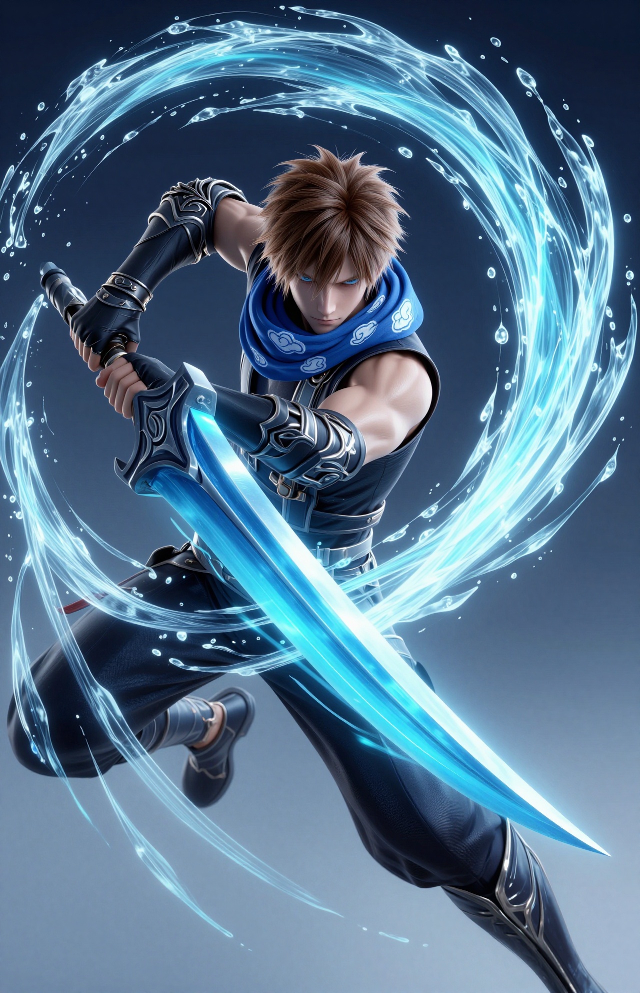 YY Anime style,This is a digital artwork in a fantasy style depicting a male warrior in mid-action. The character has brown, slightly messy hair and intense blue eyes, with a focused, determined expression. He is wearing a dark sleeveless top and pants, with black, ornate arm guards and gloves. A blue scarf with a cloud pattern is wrapped around his neck. The character is wielding two glowing blue, curved daggers that emit a bright, ethereal light. The daggers are surrounded by dynamic water effects, with droplets and splashes frozen in motion, adding a sense of movement and energy to the scene. The background is a dark, gradient blue, which contrasts with the bright blue glow of the daggers and the white water droplets. The character's pose is dynamic, with his right arm raised and his left arm extended forward, indicating he is in the midst of a swift, powerful attack. The overall composition is balanced, with the character centrally positioned and the glowing daggers drawing the viewer's eye. The artist has used detailed shading and lighting to create a sense of depth and realism, while maintaining a fantastical, otherworldly atmosphere. The style is reminiscent of high-fantasy video game character designs, with a strong emphasis on dynamic action and magical elements. The artist's signature is visible in the bottom left corner.