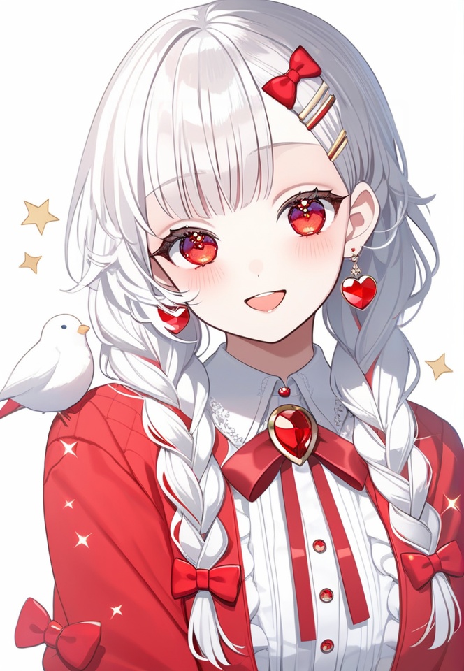 (best quality), ((masterpiece)), (highres), illustration, original, extremely detailed, <lora:淡彩の华美病娇:0.6>1girl, holding, solo, red eyes, jewelry, holding knife, bow, white hair, knife, hair bow, white background, hair ornament, long hair, looking at viewer, smile, earrings, blush, red bow, upper body, hairclip, open mouth, bangs, long sleeves, red jacket, shirt, bird, braid, simple background, head tilt, twin braids, jacket, sparkle, brooch, animal, heart, white shirt, watch, :d