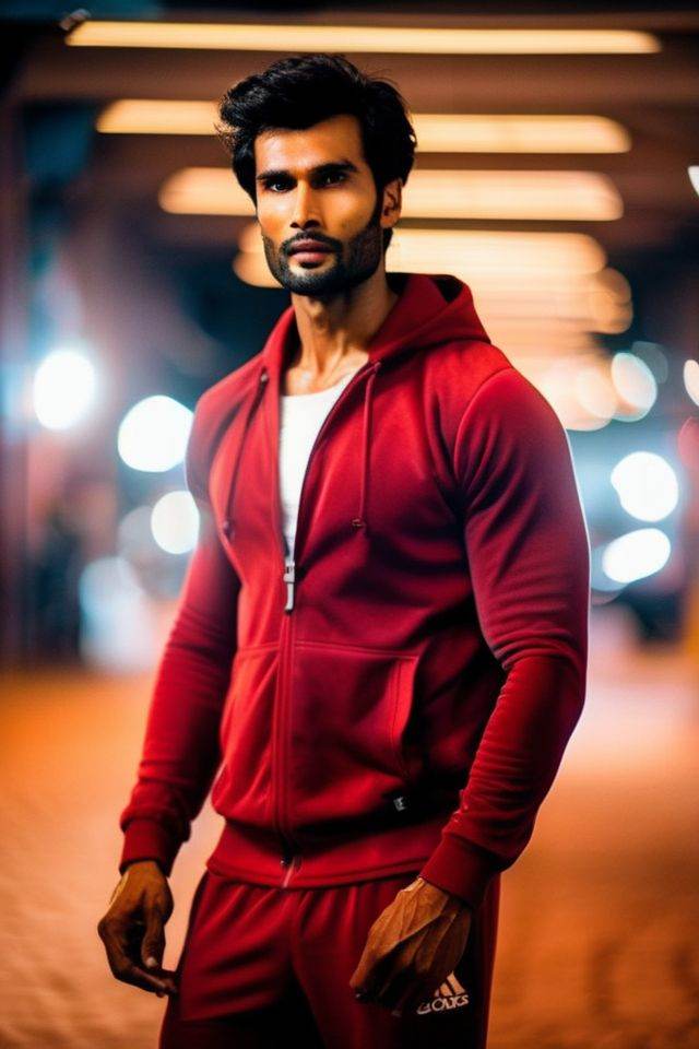 Sendhil Ramamurthy a man ,  realistic photo in a worn ((skin-revealing skimpy erotic red tracksuit,  massive hairy pecs))...