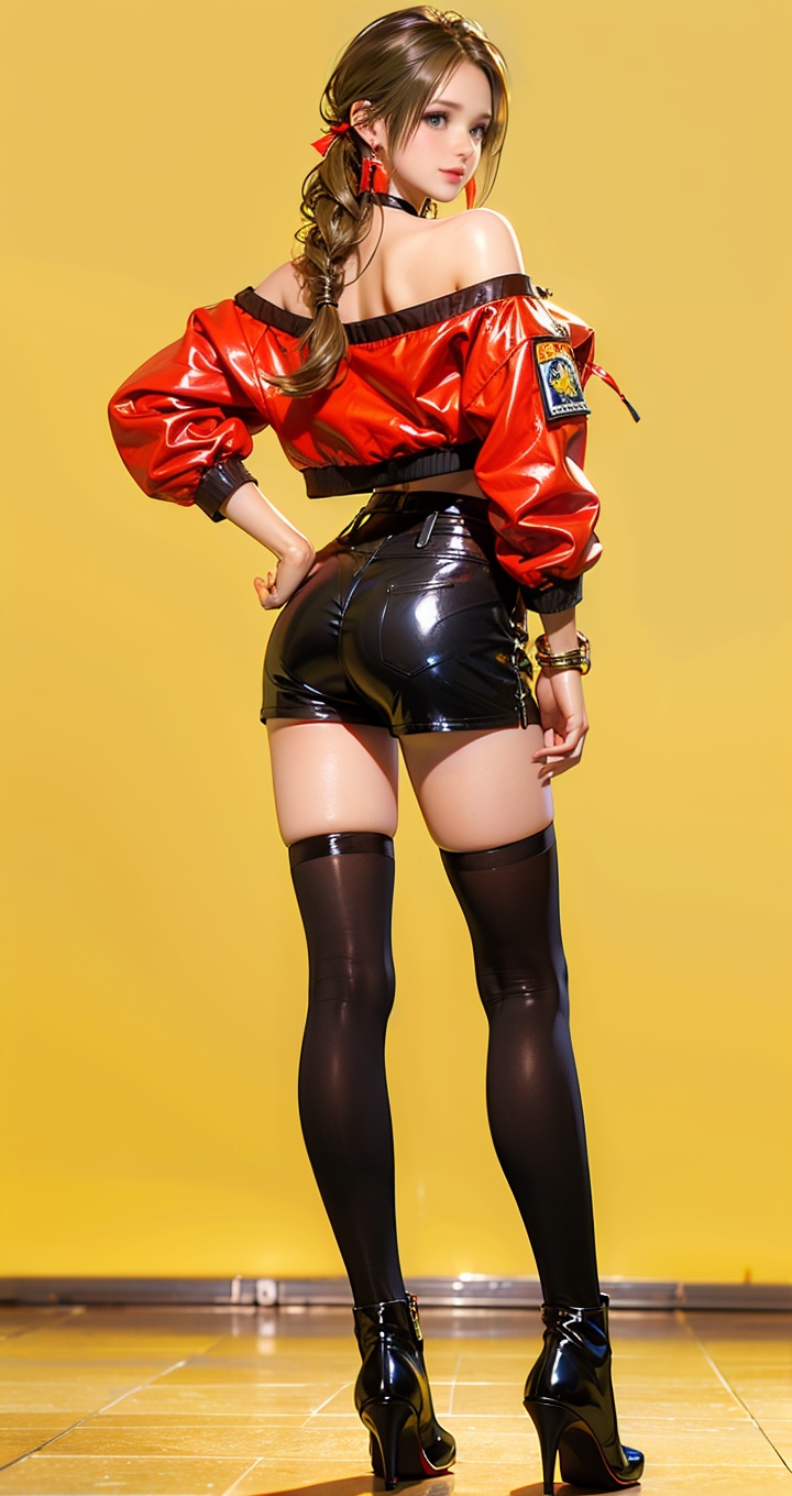 monica,(bestquality),((masterpiece)),(highres),illustration,original,extremelydetailed,1girl,solo,thighhighs,highheels,shorts,hand on hip,full body,black thighhighs,highheelboots,standing,roundeyewear,simplebackground,lookingback,off shoulder,boots,earrings,black shorts,from behind,jewelry,yellowbackground,lookingatviewer,jacket,blackfootwear,short shorts,<lora:monica3rface-000005:0.75>,brown eyes,long legs,