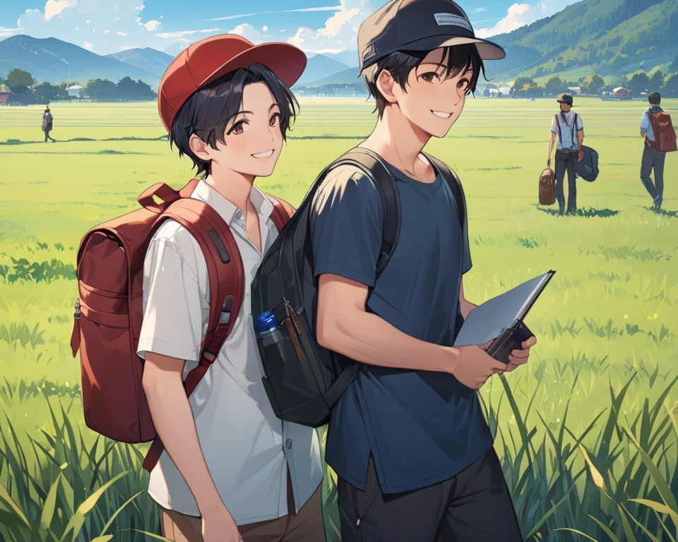 (best quality), ((masterpiece)), (highres), illustration, original, extremely detailed,<lora:SNGame Character XL:0.7> multiple boys, 2boys, hat, grass, male focus, black hair, bag, backpack, smile, outdoors