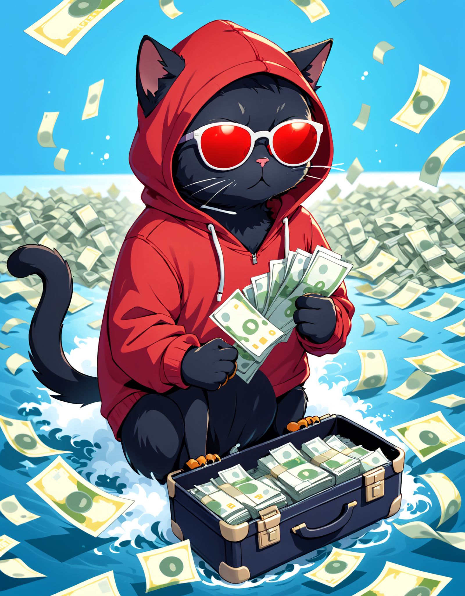 Illustration of a black cat wearing a red hoodie,  swimming in a sea of banknotes,  holding a small suitcase full of cash...