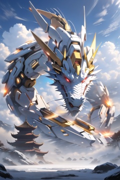 <lora:mecha_loong_v2:0.6>,a mecha dragon,8k,High quality,high quality,morning sunshine,glowing body,mechanical joint,orange led light,high detailed mecha,high-precision mecha,mecha,exoskeleton mechanical armor,red eyes,outdoors,horns,sky,growing joint,day,cloud,blue sky,no humans,glowing,cloudy sky,scenery,eastern dragon,pagoda,building,flying,jet device,high detailed,white mecha,HD,black joint,