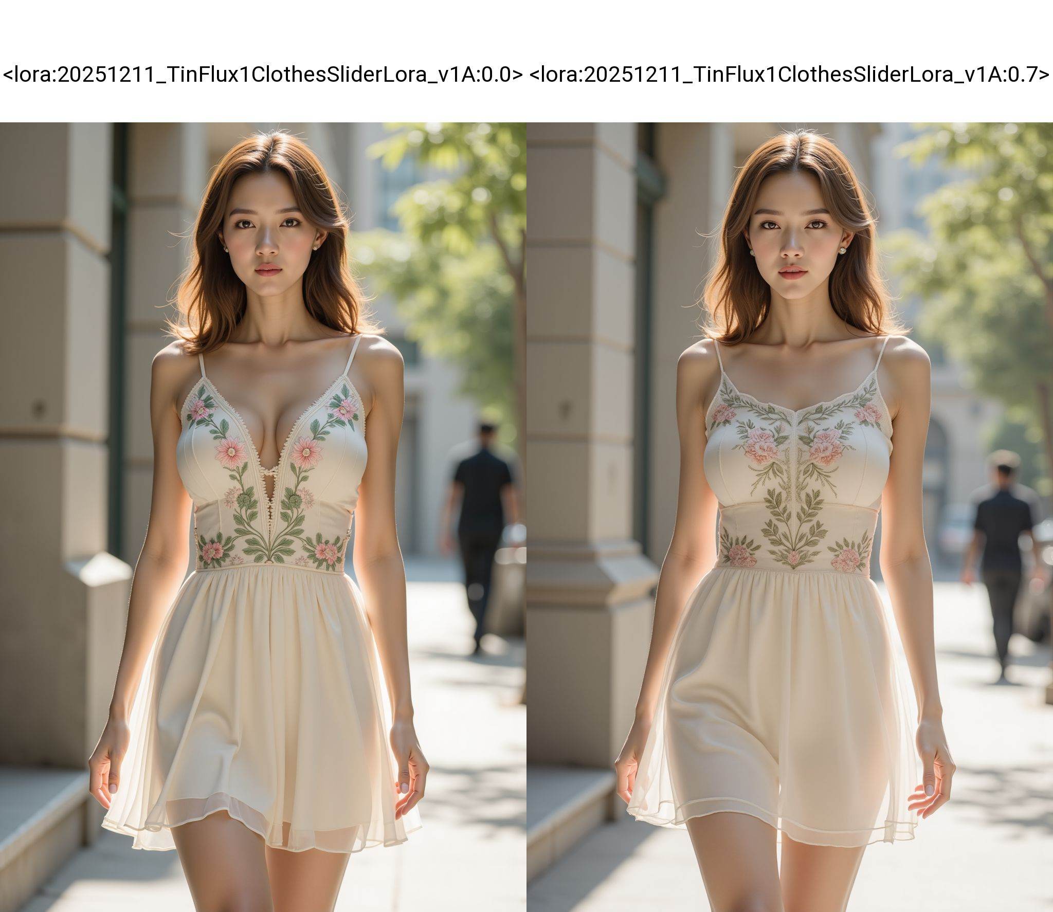 Photorealistic portrayal of a stylish young woman walking down a sunlit urban alley. She wears a white sheer mini dress with delicate floral embroidery, sleeveless with a translucent overlay, ivory tones and pastel pink/green embroidery. She has shoulder-length light brown hair in soft waves, natural makeup, calm expression, gaze toward the camera. Pose: relaxed stride, arms at sides. Background: blurred city alley with concrete walls and hints of greenery; distant figure in dark clothing. Lighting: warm daylight from the side, soft shadows, gentle highlights on fabric. Textures: chiffon/organza-like fabric, lace embroidery, smooth skin. Colors: ivory-white dress, pale pink and sage green embroidery, gray walls, green foliage. Style: cinematic, high-detail photorealism, shallow depth of field, 50mm lens, f/2.0, subtle film grain.  <lora:20251211_TinFlux1ClothesSliderLora_v1A:0.0>