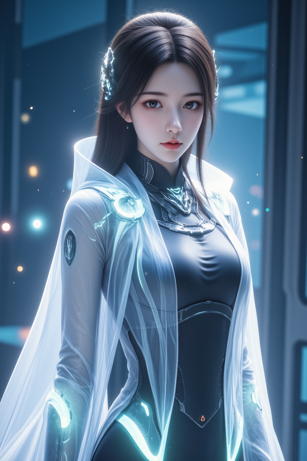 1girl, solo, brown eyes, black hair, looking at viewer, hanfu, science fiction, long hair, cyberpunk, robot joints, glowing cosmic pale transparent bioluminescent cloak,