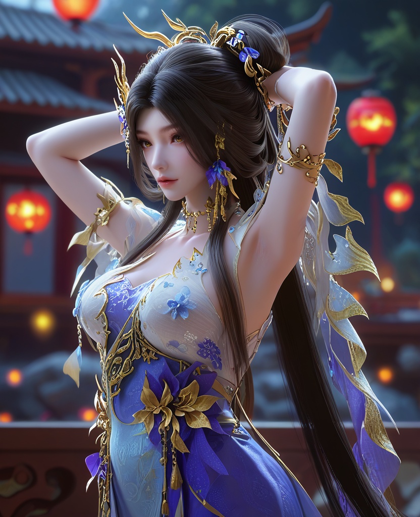 (oriental architecture, elegant decor, sophisticated style:1.1),(from back, arms up,:1.1),(face:1.1),(large breasts:1.2),<lora:XL16云深不知梦羲和第19集揽月湖:0.95>,miss xihe,white crop top,violet and blue tiered dress,brown eyes,black hair,long hair,draped looped buns,hair ornament,jewelry,earrings,bracelet,lantern,, score_9,score_8_up,score_7_up,score_6_up,score_5_up,score_4_up,3d rendering,tag1,tag2, Cinematic Lighting,backlighting,