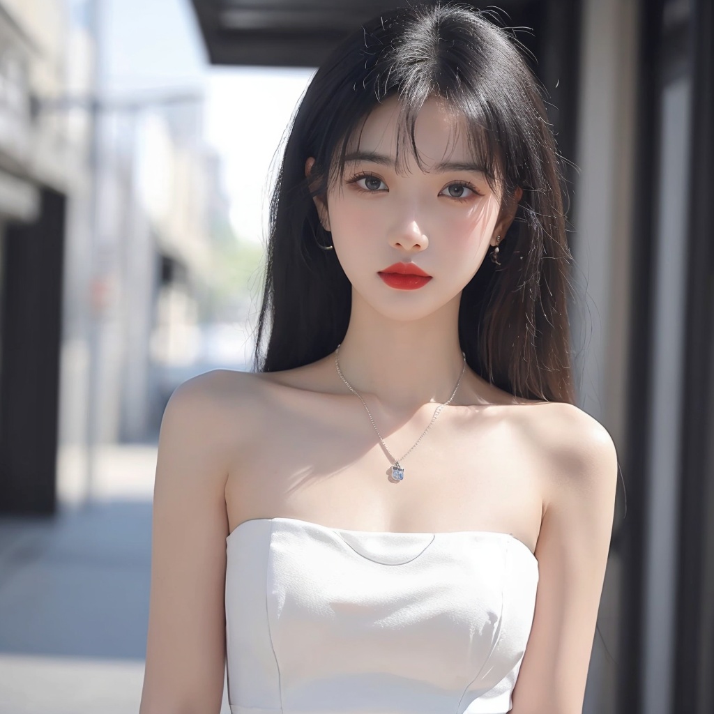 1girl, bag, bare_shoulders, black_eyes, black_hair, blurry, blurry_background, breasts, collarbone, depth_of_field, dress, jewelry, lips, lipstick, long_hair, looking_at_viewer, makeup, medium_breasts, necklace, red_lips, solo, standing, strapless, white_dress, <lora:meinv76:0.6>