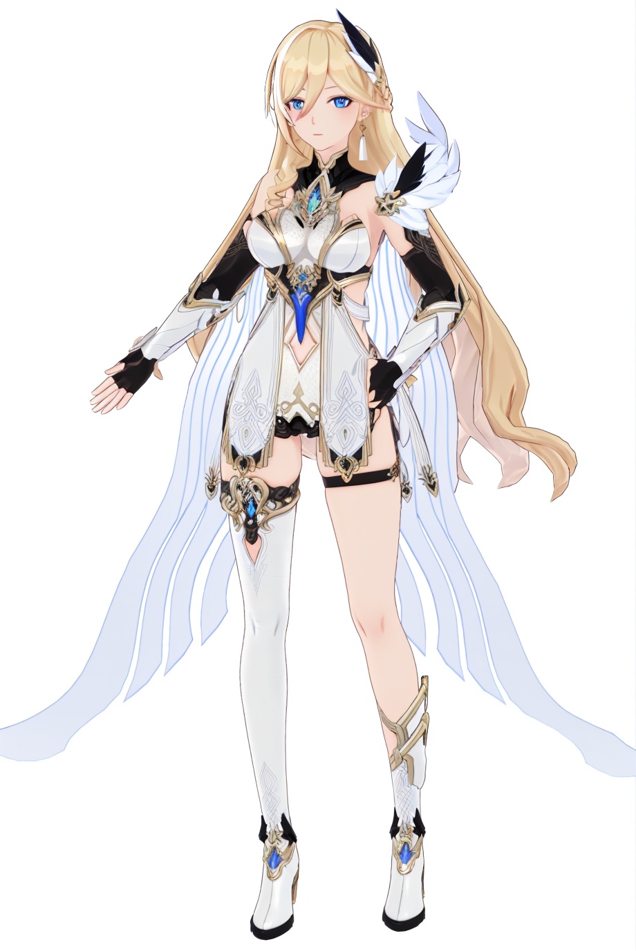 8k,best quality,masterpiece,(ultra-detailed),(high detailed skin),(by nanoless, by misumi \(macaroni\),:0.5),A full-body portrait of a young girl,standing gracefully,pastel art style,high-key lighting,shoujo manga influence,hd quality,delicate details,full body,full shot,standing,looking at viewer,(solo:1.2),simple background,(white background:1.2),<lora:Durandal-PalatinusEquinox-sd-Tanger:0.8>,Durandal \(Palatinus Equinox\), clothes: white style clothes, white style single thighhigh, white style Durandal, white Feather decoration on the left shoulder, 1girl, long hair, blonde hair, blue eyes,black fingerless gloves,cape,