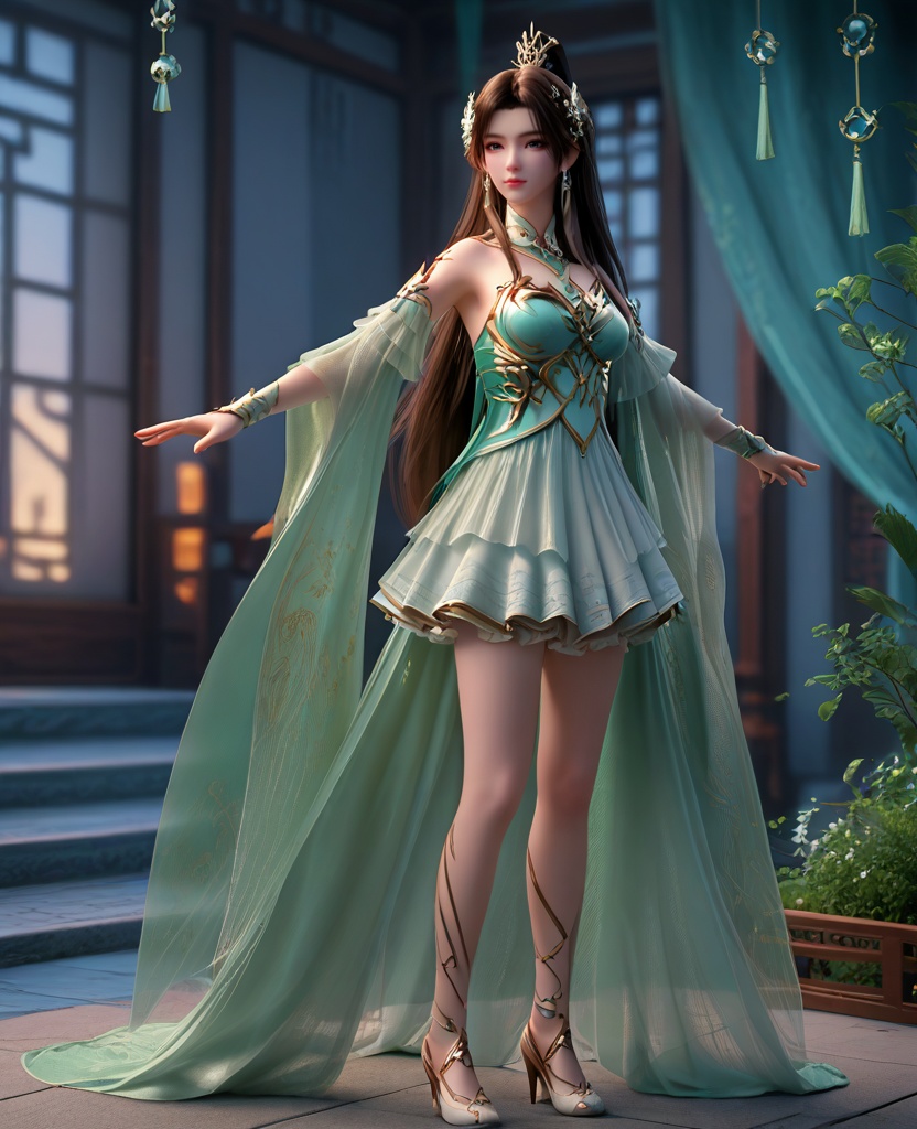 (oriental architecture, elegant decor, sophisticated style:1.1),(Leaning against a pillar or column, looking thoughtful and introspective,:1.1),looking at viewer,(breasts:1.2),<lora:XL16斗破苍穹古薰儿:0.95>,miss guxuner,celadon corset,aloes green miniskirt,gray eyes,pink eyeshadow,black hair,tiered high ponytail with long front strands,super long hair,hair ornament,earrings,jewelry,detached collar,green sash,sheer fabric overskirt,cyan fart curtain,spiral foot decoration,high heels,, score_9,score_8_up,score_7_up,score_6_up,score_5_up,score_4_up,3d rendering,tag1,tag2, Cinematic Lighting,backlighting,, zPDXL3, zPDXL2,zPDXL, zPDXLxxx, zPDXLrl,